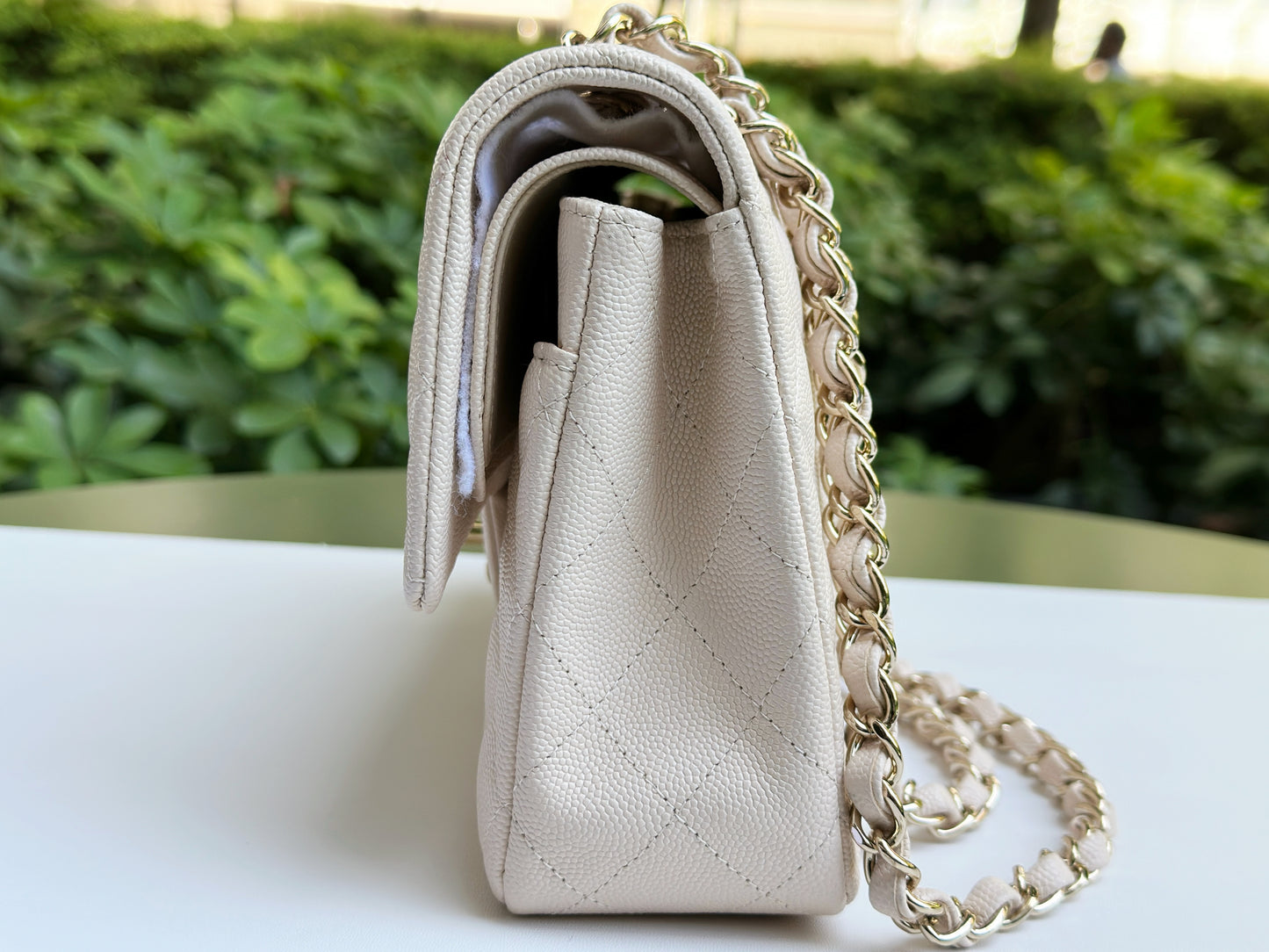 Chanel Medium Caviar Classic Quilted Double Flap Ivory Light Beige Bag LGHW