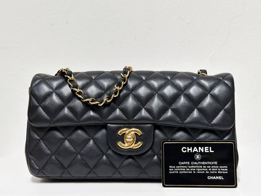 Chanel Lambskin East West Flap Bag Black GHW 1411 holo card