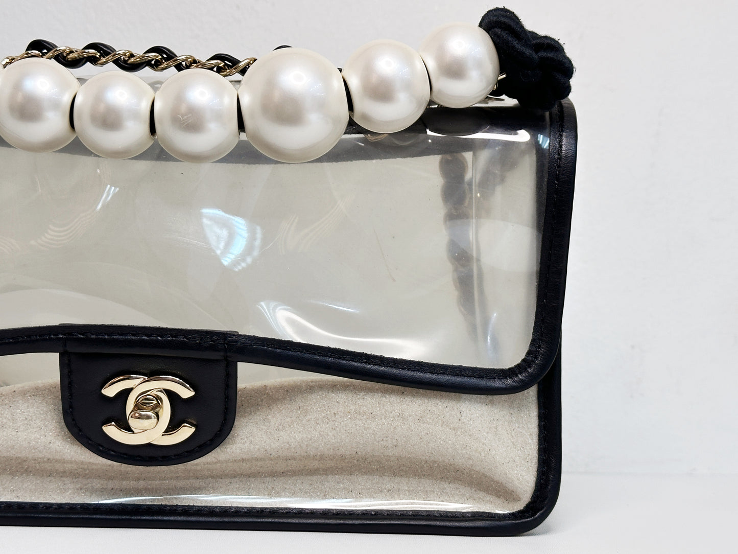 Chanel Medium Lambskin CoCo Sand PVC Sand By The Sea Flap With Pearl Strap Black 274 holo card