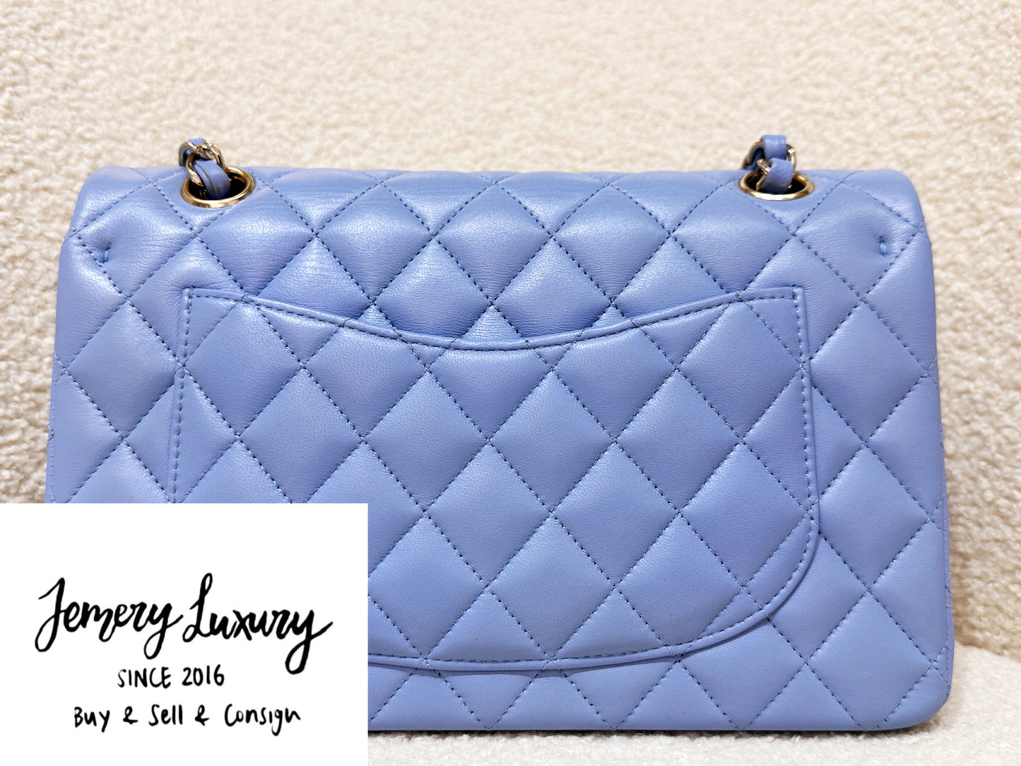 Chanel 21c Small Lambskin Classic Quilted Double Flap Bag Sky Blue GHW 3072 holo card