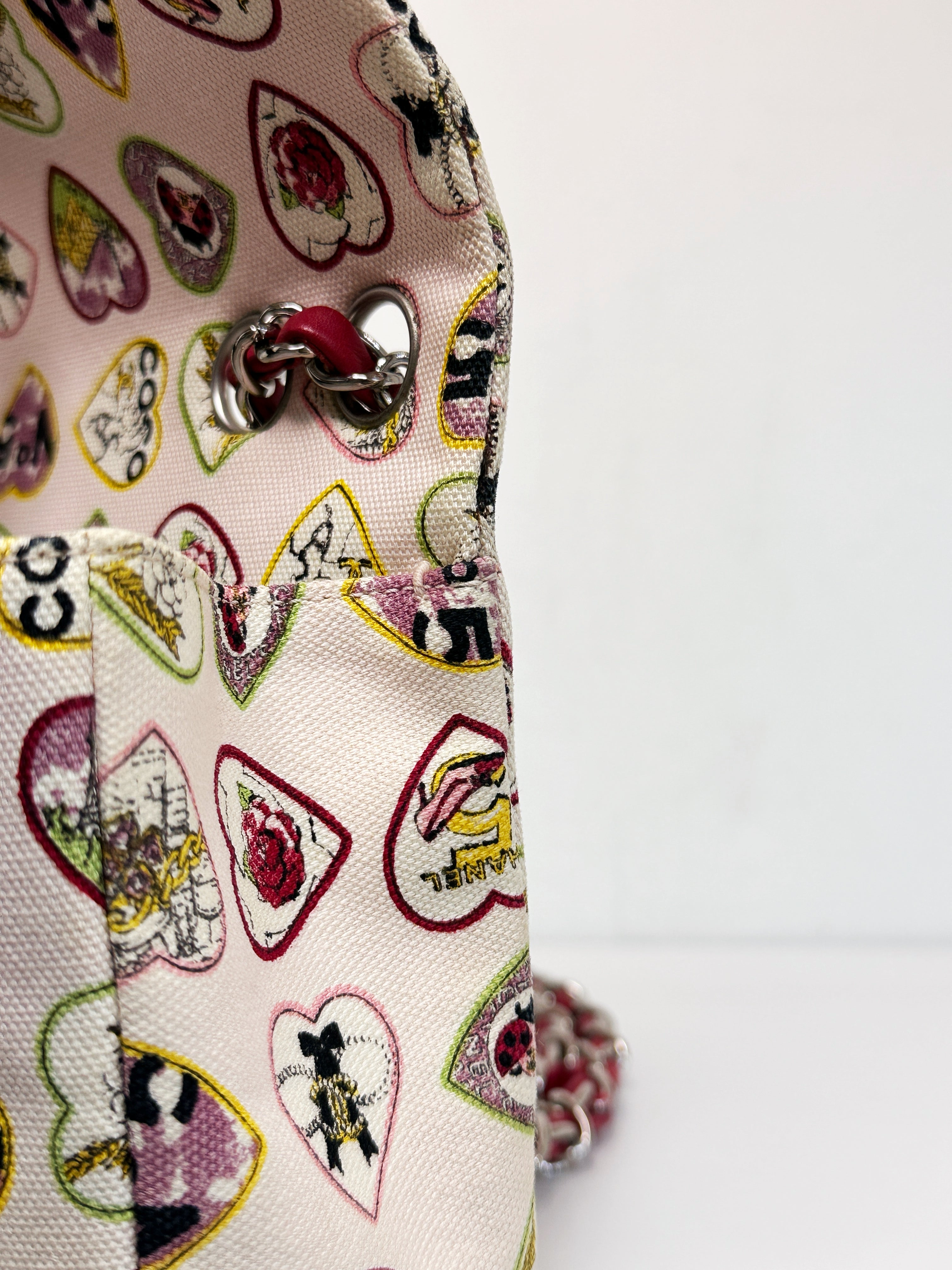 Chanel Valentine Coco Heart Motif Printed Pink Canvas East West Flap Bag 1064 holo