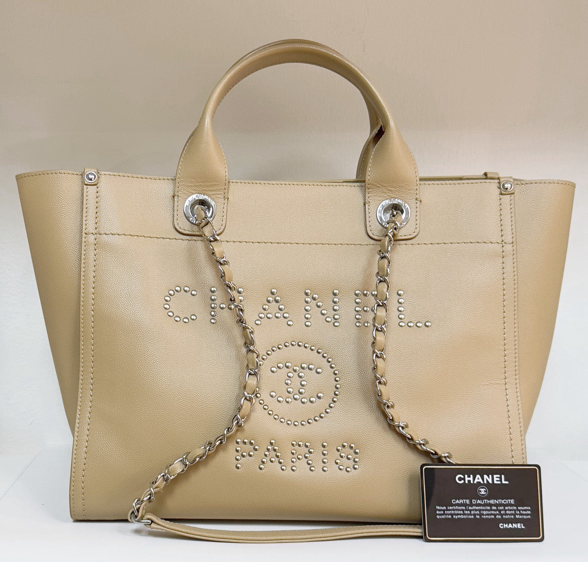 Chanel Small Deauville Caviar Tote Studded Beige 2543 holo card