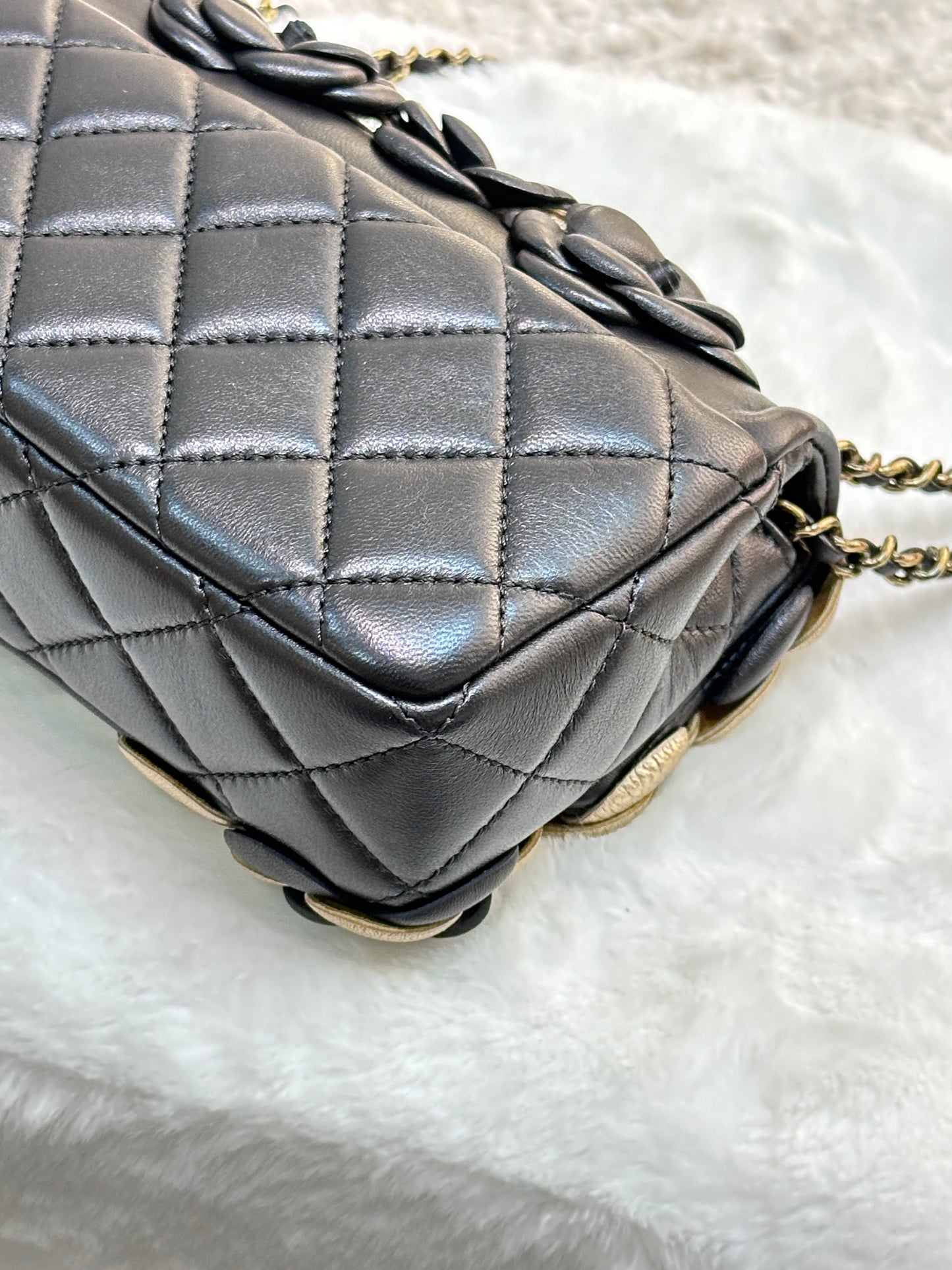 Chanel Mini Metallic Lambskin Quilted Camellia Flap  Bag Black Gold