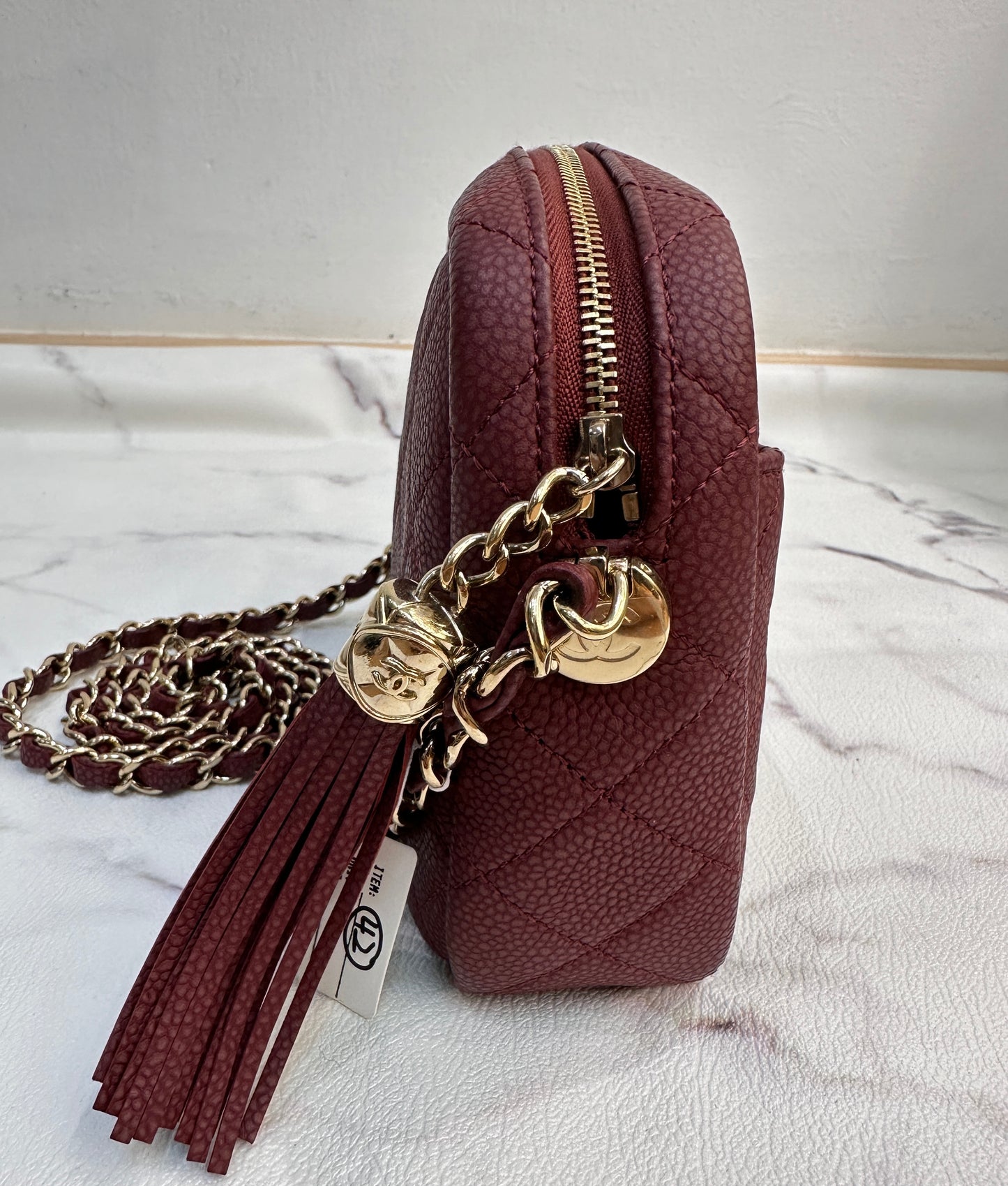 CHANEL Caviar Quilted Mini Coco Tassel Camera Case Burgundy