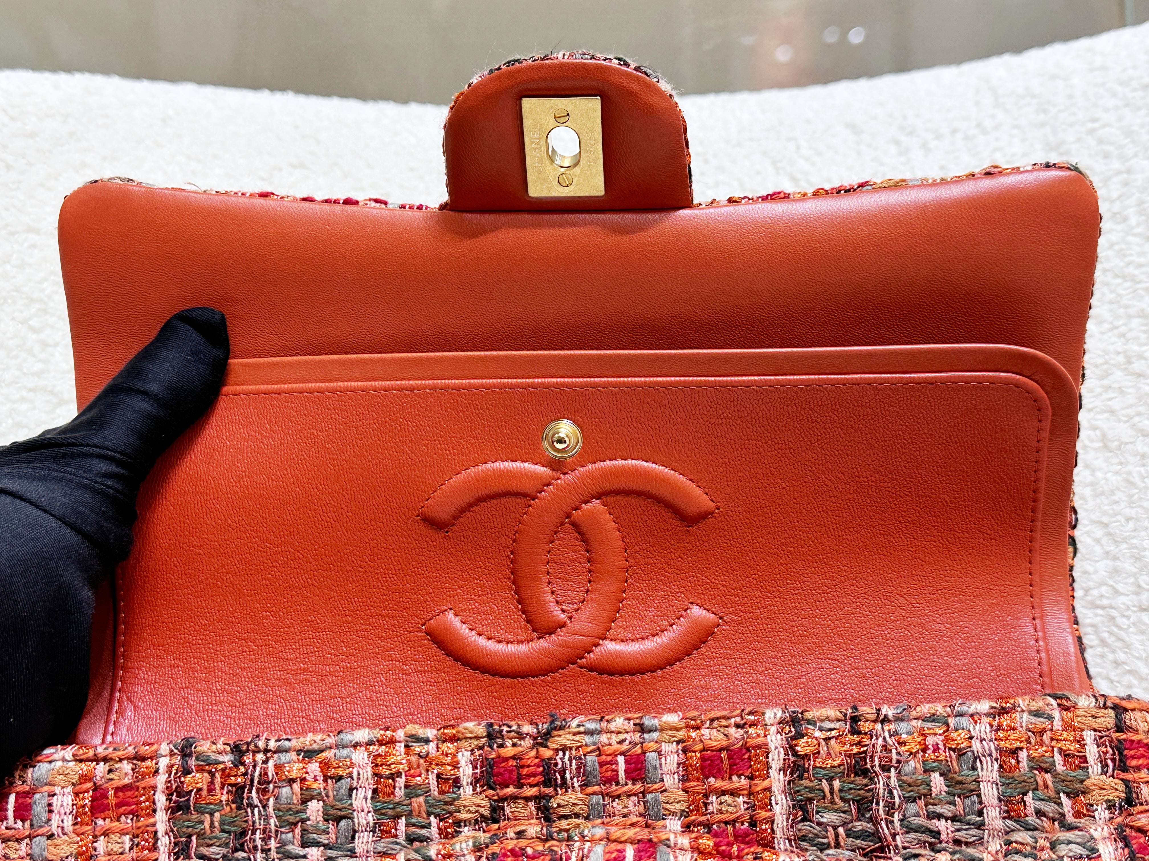 Chanel Tweed Quilted Medium Double Flap Bag Orange Multicolor K9J2 microchip