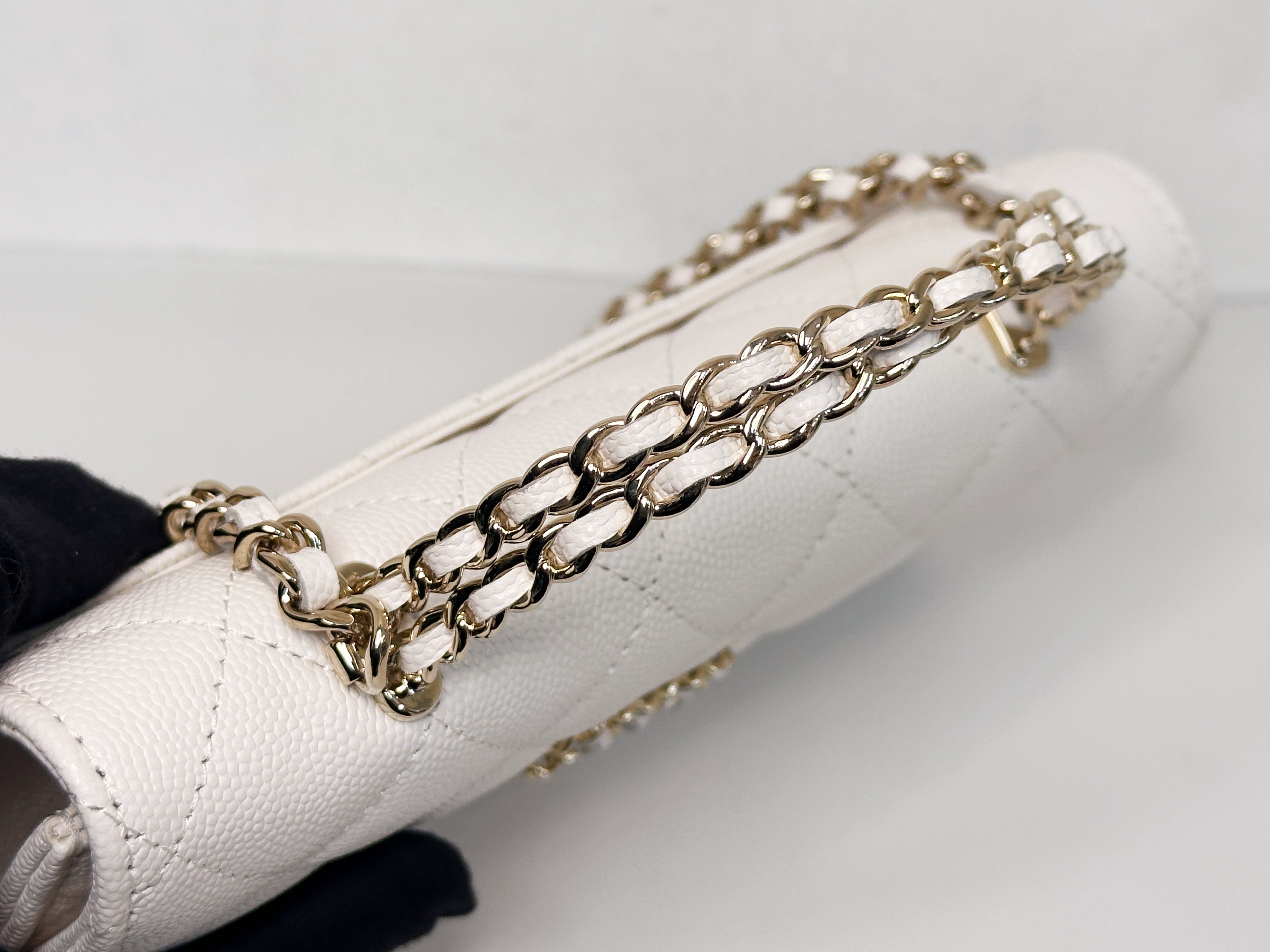 Chanel 23P Top Handle Kelly Clutch with Chain in White Caviar GHW
