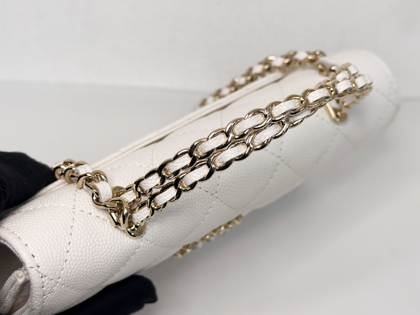 Chanel 23P Top Handle Kelly Clutch with Chain in White Caviar GHW