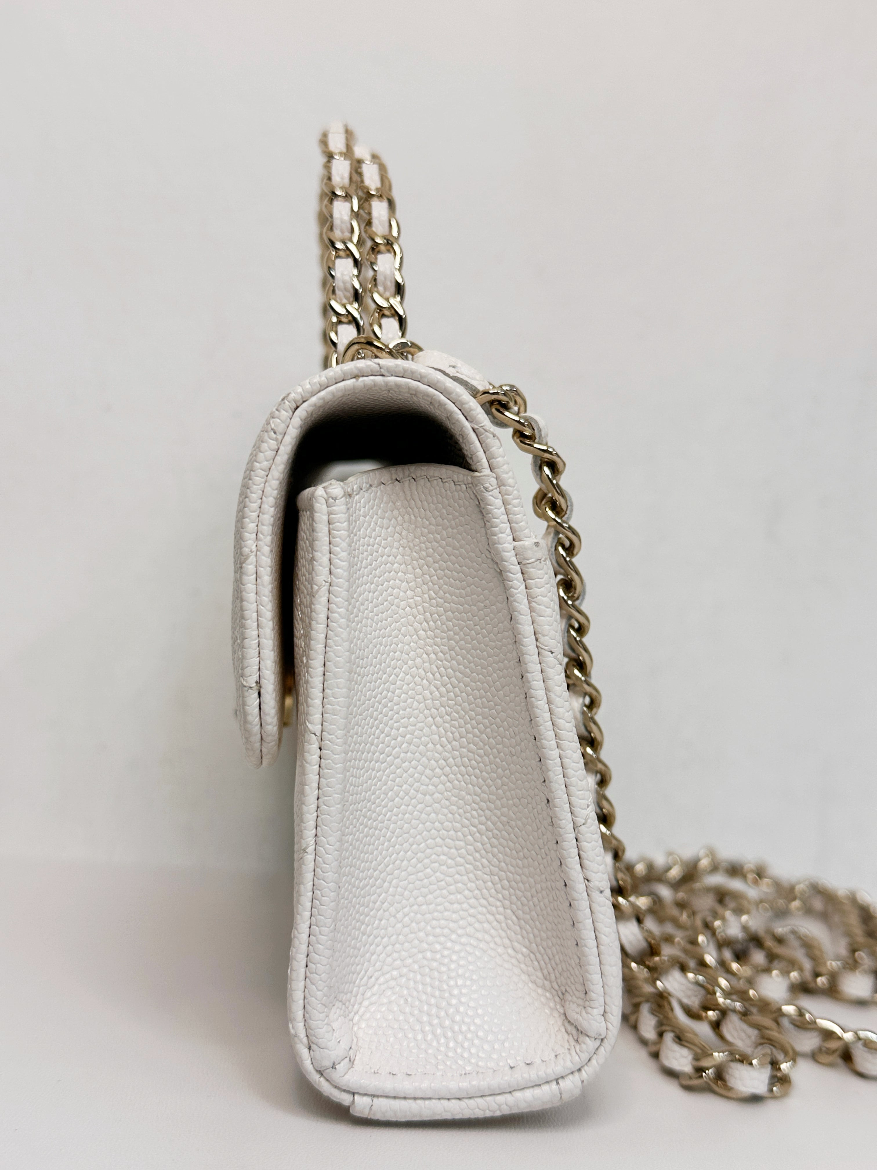 Chanel 23P Top Handle Kelly Clutch with Chain in White Caviar GHW