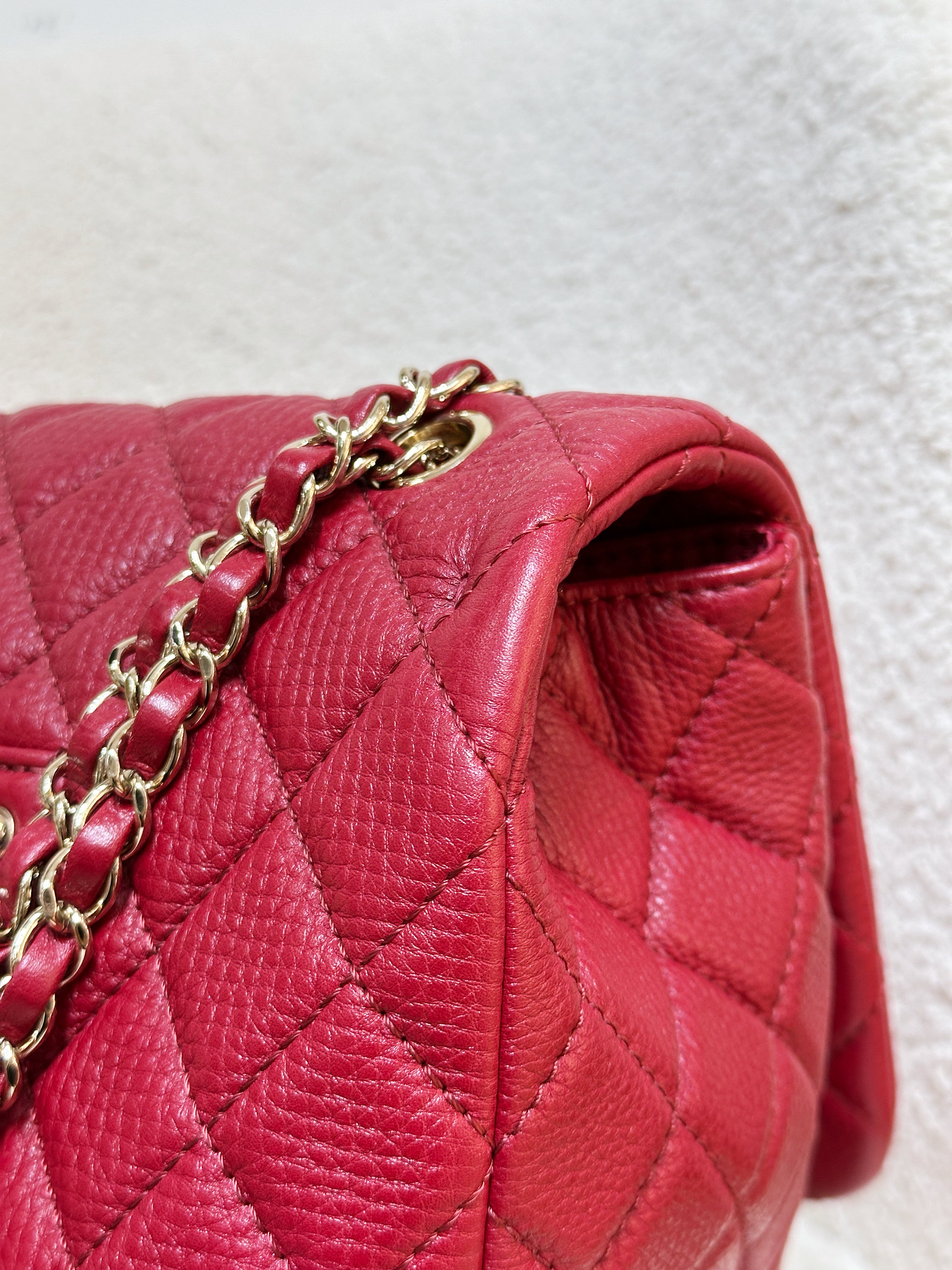 Chanel Red Grained Calfskin XL Small Travel Flap Bag Light Gold Hardware