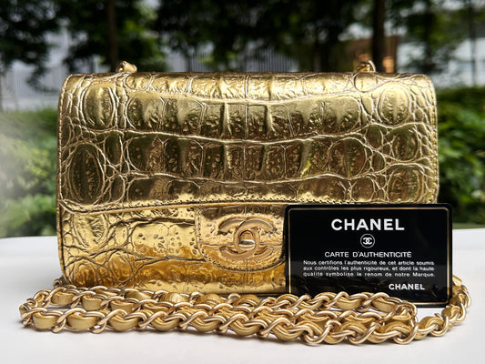 Chanel Mini Calfskin Crocodile Embossed Rectangular Gold Metallic Flap Bag 2803 holo card
