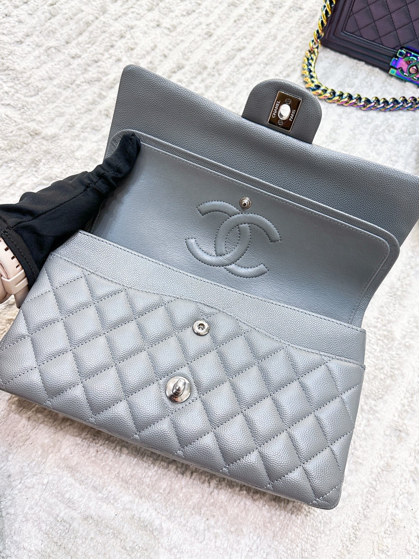 CHANEL Caviar Quilted Medium Double Flap Grey