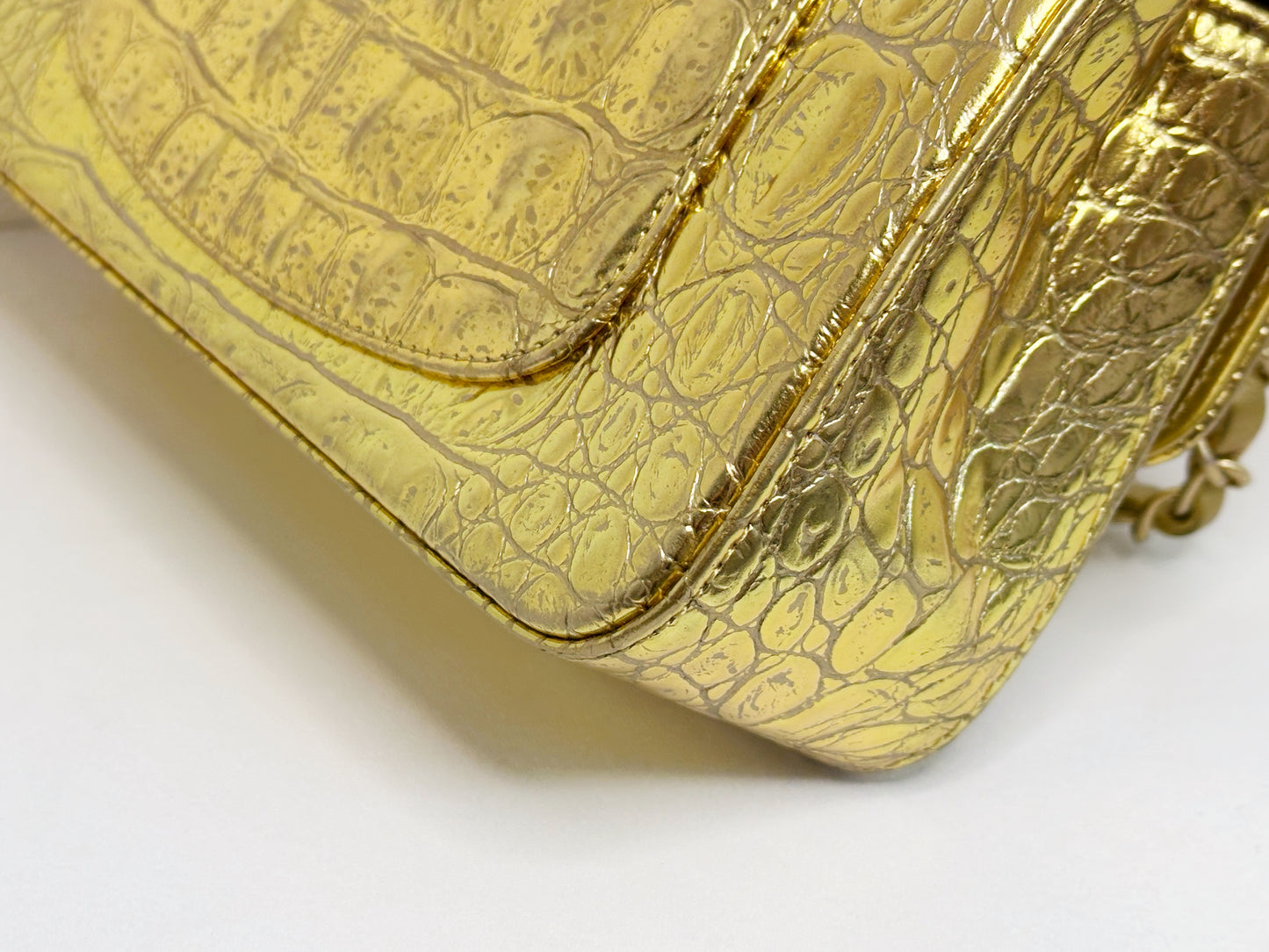 Chanel Mini Calfskin Crocodile Embossed Rectangular Gold Metallic Flap Bag 2813 holo card