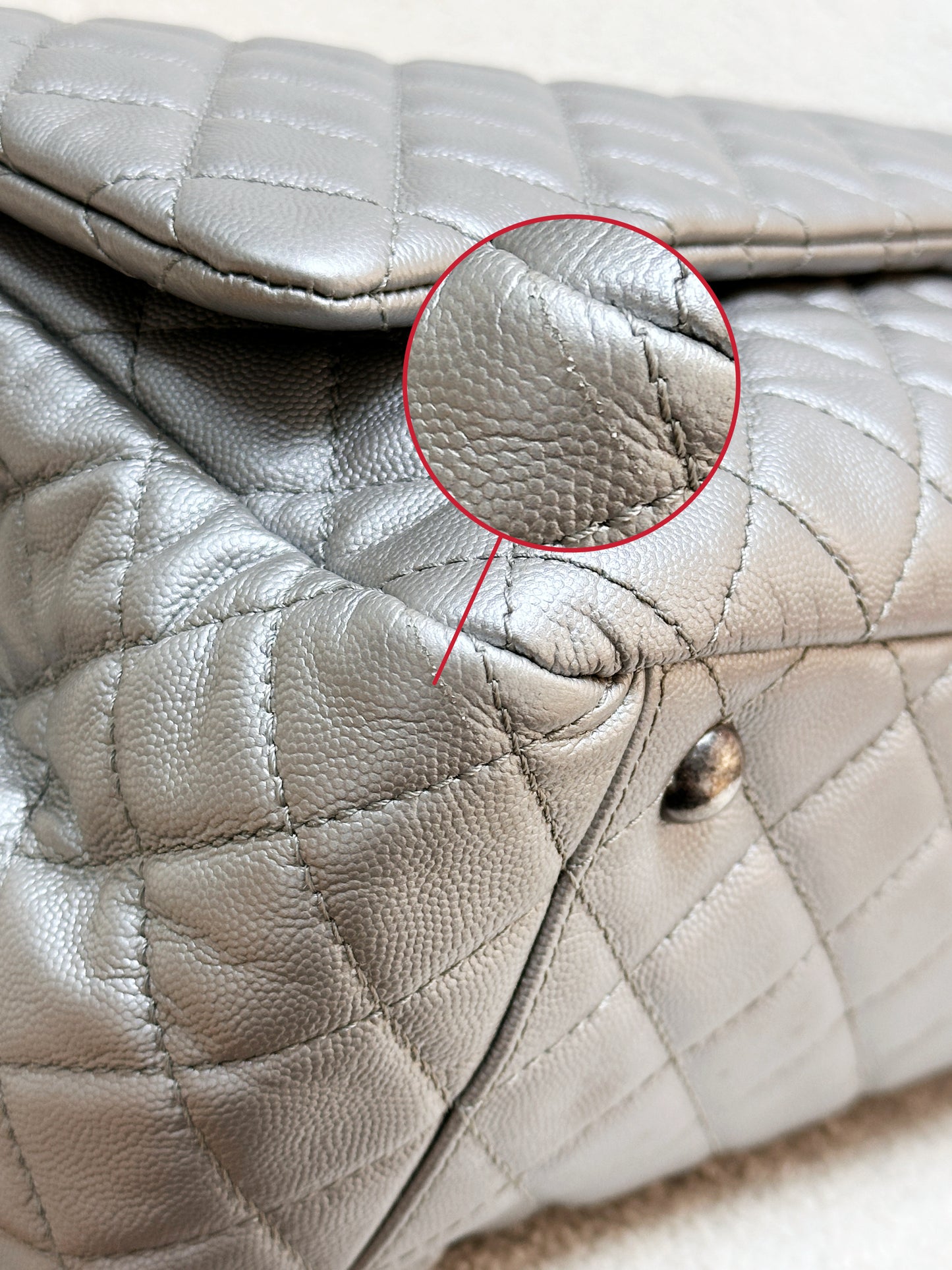 Chanel 2017 Caviar Classic Quilted XXL Travel Flap shoulder bag Metallic Silver SHW 2257 holo card