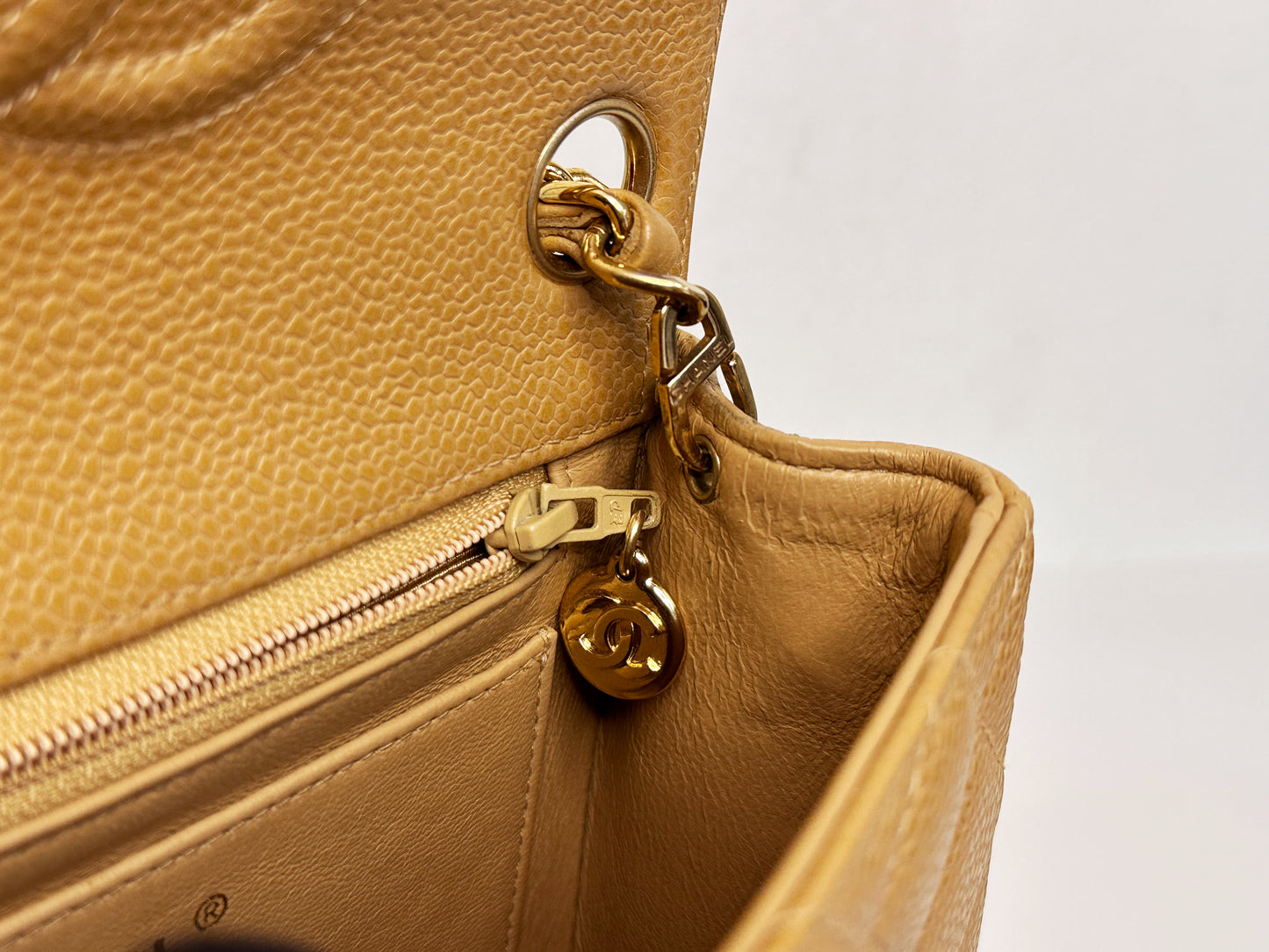 Chanel 24K Gold Mini Square Caviar Classic Flap Chain Shoulder Bag Beige GHW 84 holo card