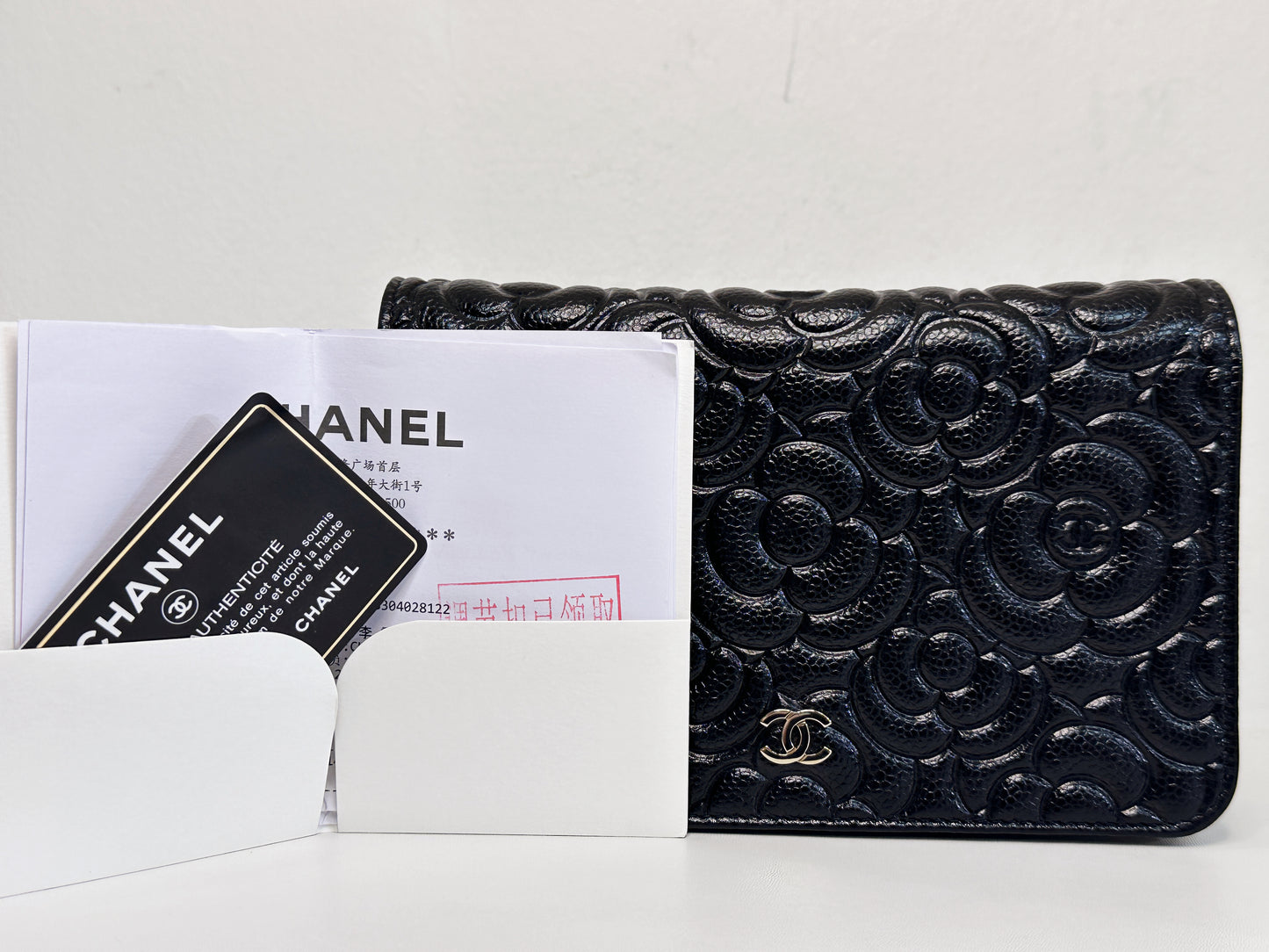 Chanel Black Caviar Camellia Embossed Wallet on Chain WOC Crossbody/ Clutch Bag 2951 holo card