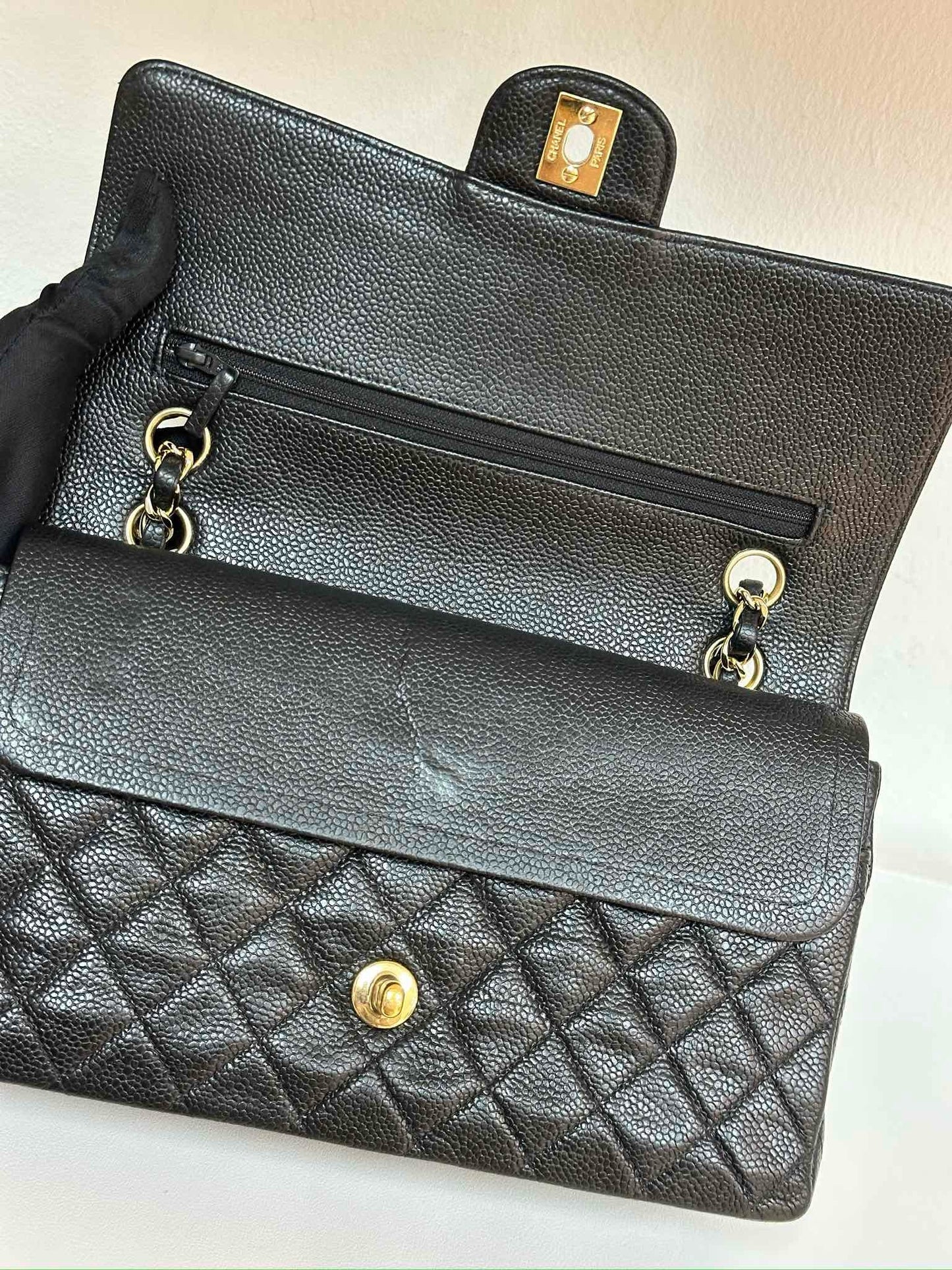 CHANEL Classic Double Flap Medium Shoulder Bag Black Caviar 24k