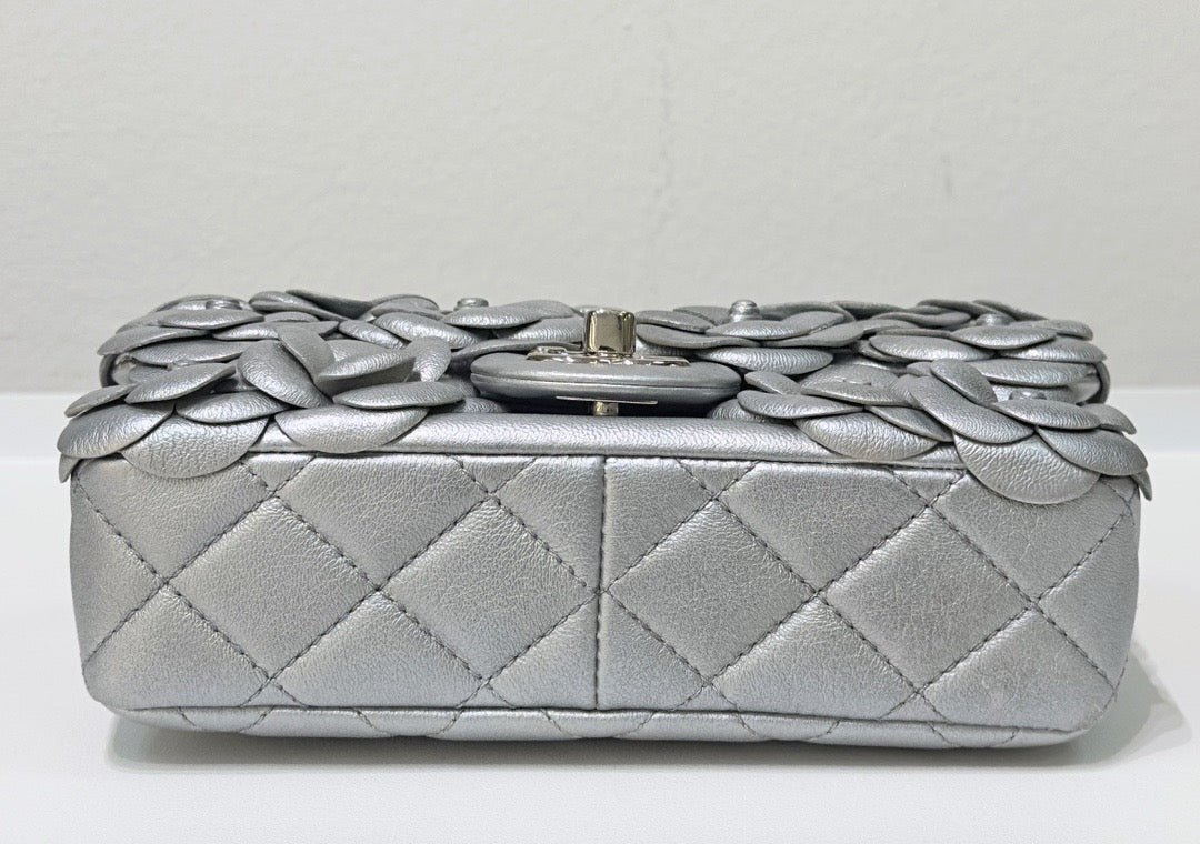 Chanel Mini Camellia Lambskin Shiny Silver SHW