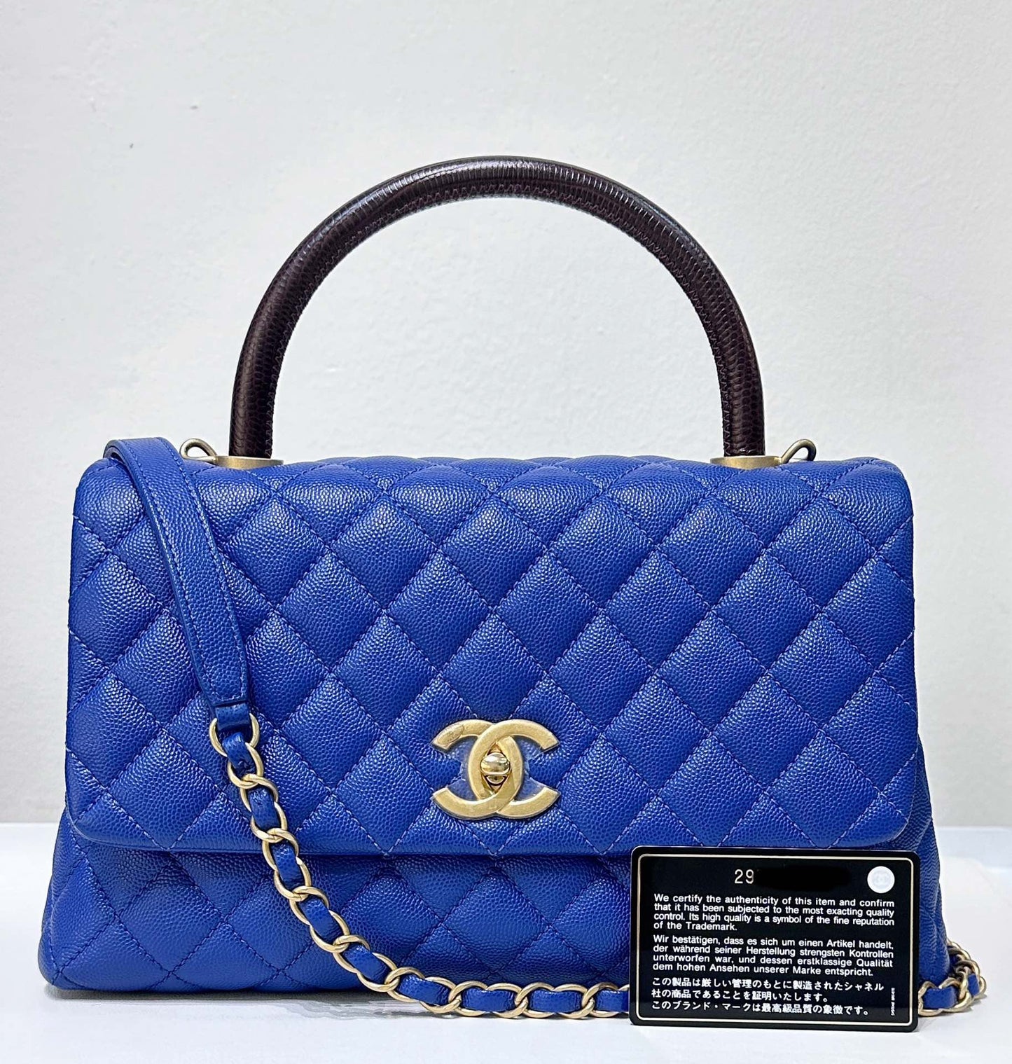 Chanel Medium Caviar Lizard Embossed Quilted Coco Handle Flap Dark Blue