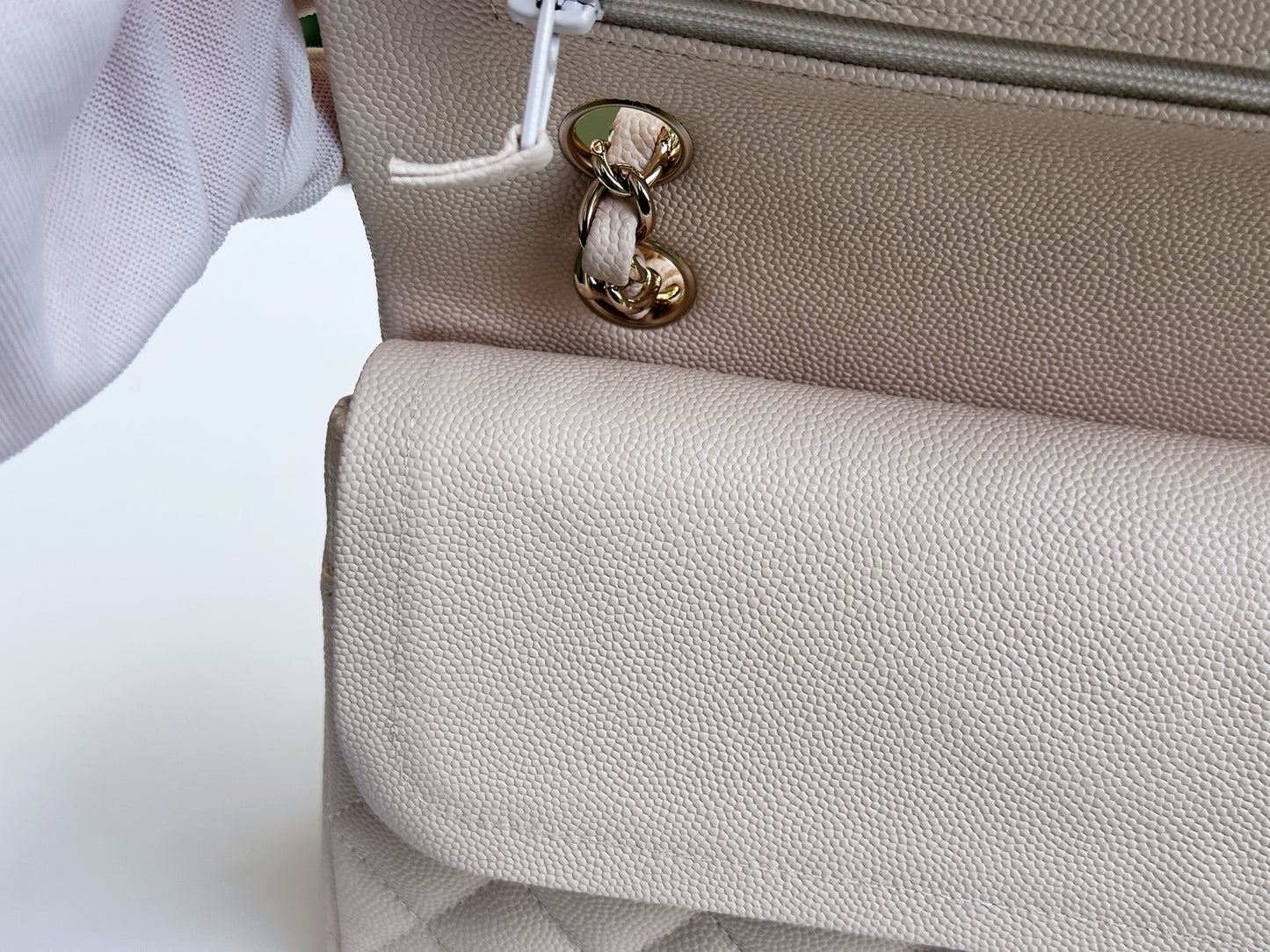 Chanel Medium Caviar Classic Quilted Double Flap Ivory Light Beige Bag LGHW
