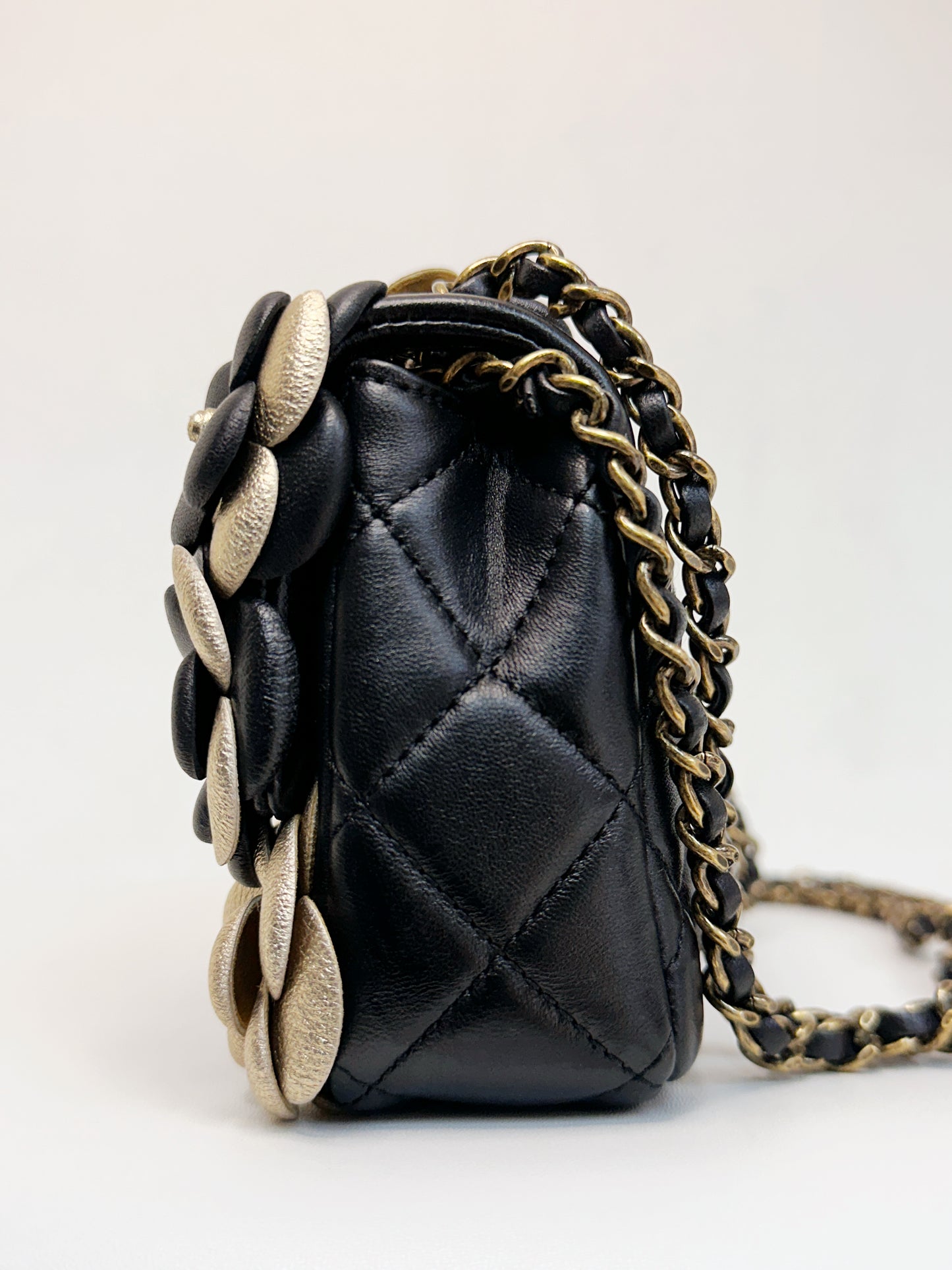 Chanel Mini Metallic Lambskin Quilted Camellia Flap Bag Black Gold 2479 holo card