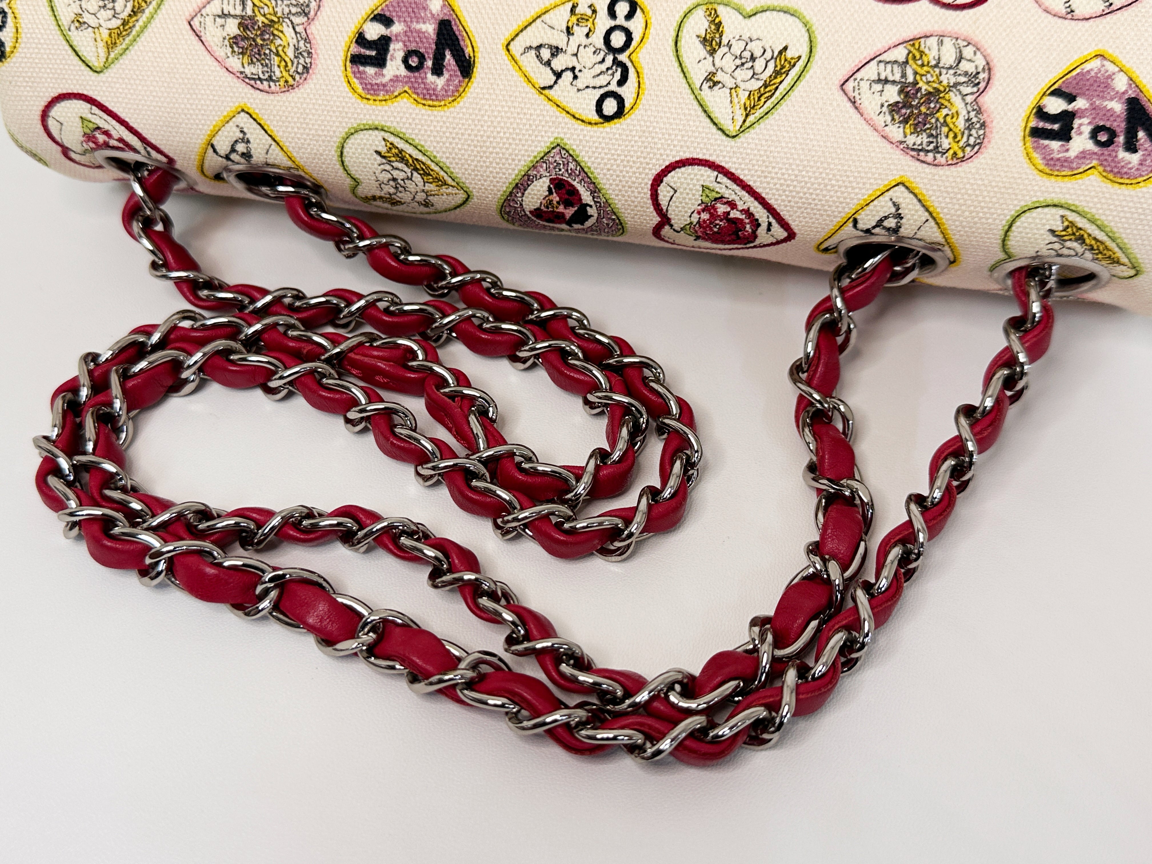 Chanel Valentine Coco Heart Motif Printed Pink Canvas East West Flap Bag 1064 holo