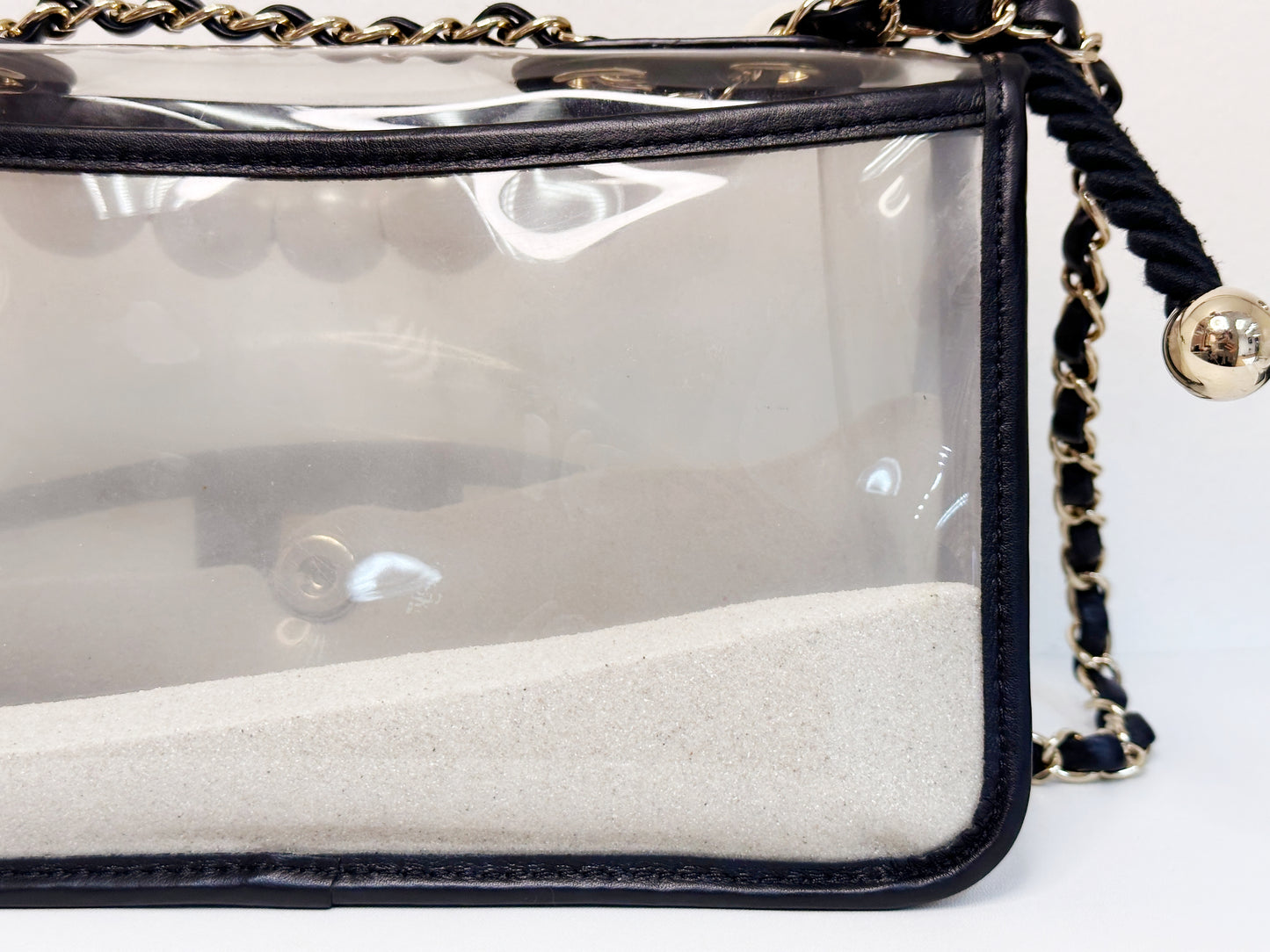 Chanel Medium Lambskin CoCo Sand PVC Sand By The Sea Flap With Pearl Strap Black 274 holo card