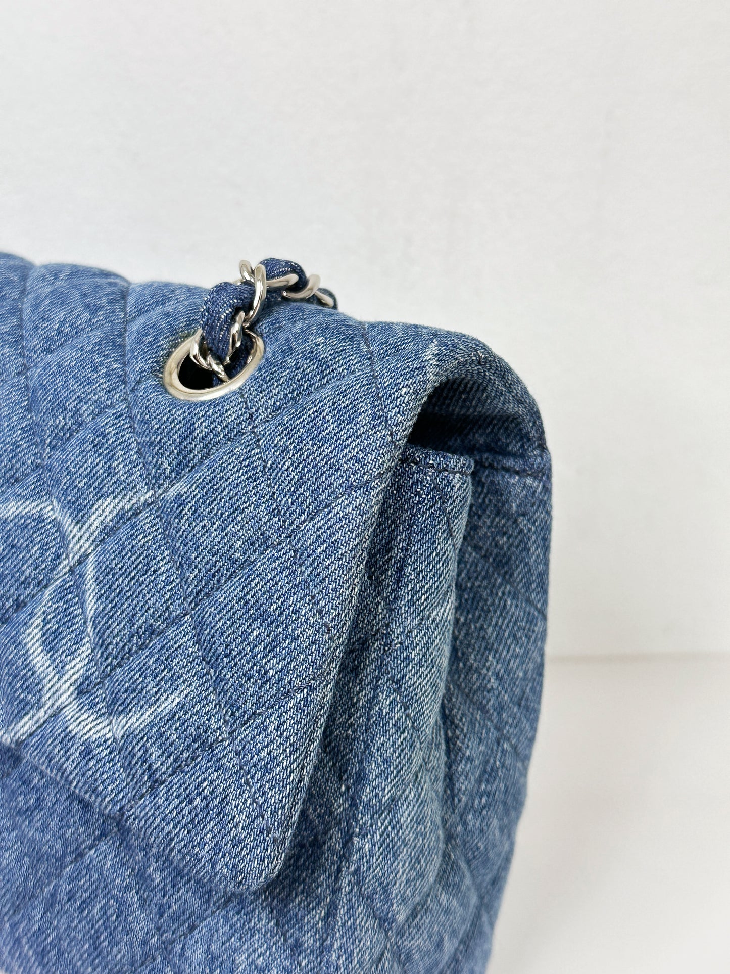 Chanel 20B Medium Blue Denim Quilted CC Single Flap SHW 3045 holo card