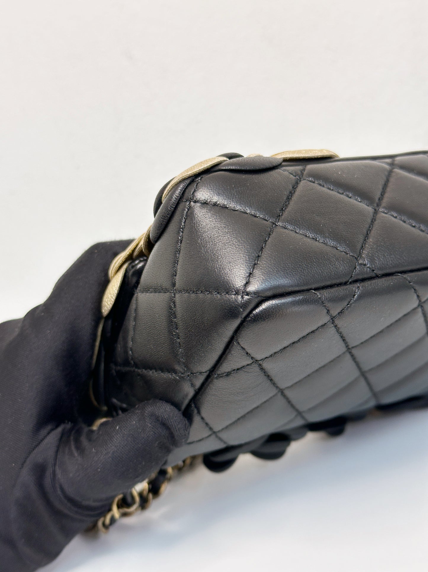 Chanel Mini Metallic Lambskin Quilted Camellia Flap Bag Black Gold 2479 holo card