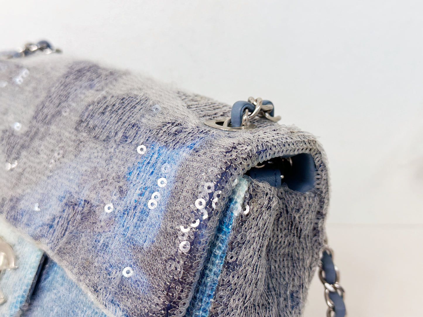 Chanel Sequin Mini Waterfall Light Blue Flap Bag 2590 holo card