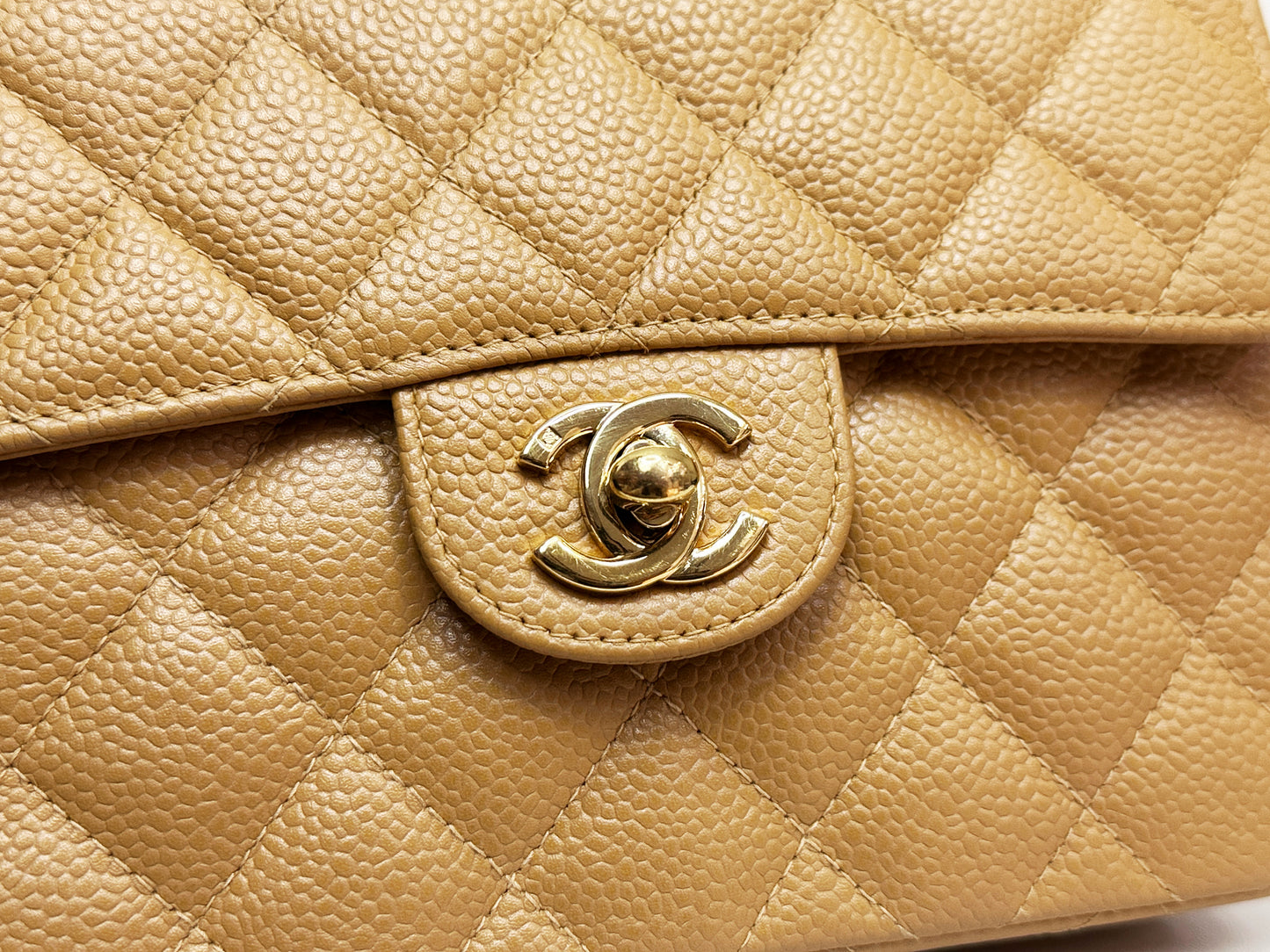 Chanel 24K Gold Mini Square Caviar Classic Flap Chain Shoulder Bag Beige GHW 84 holo card