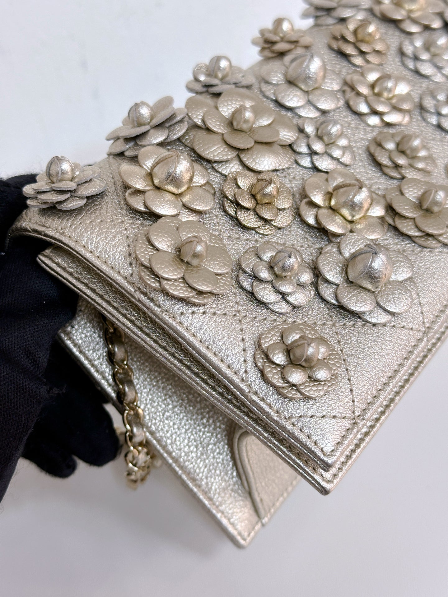 Gold Camellia Embellished Chain Clutch GHW 2728 holo card