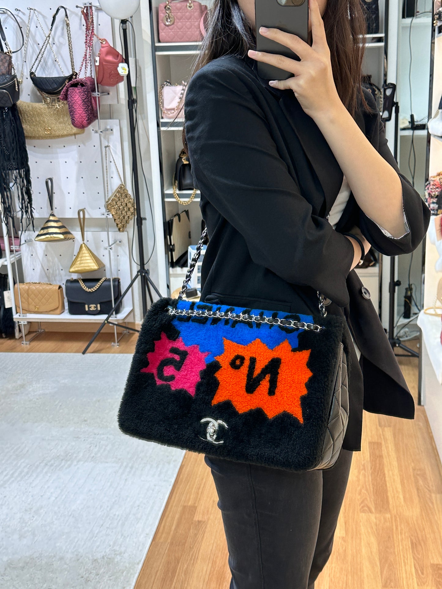 Chanel Jumbo Classic Flap  Maxi Pop Art No. 5 Caption Comic Lambskin Black Multicolor Bag 2030 holo