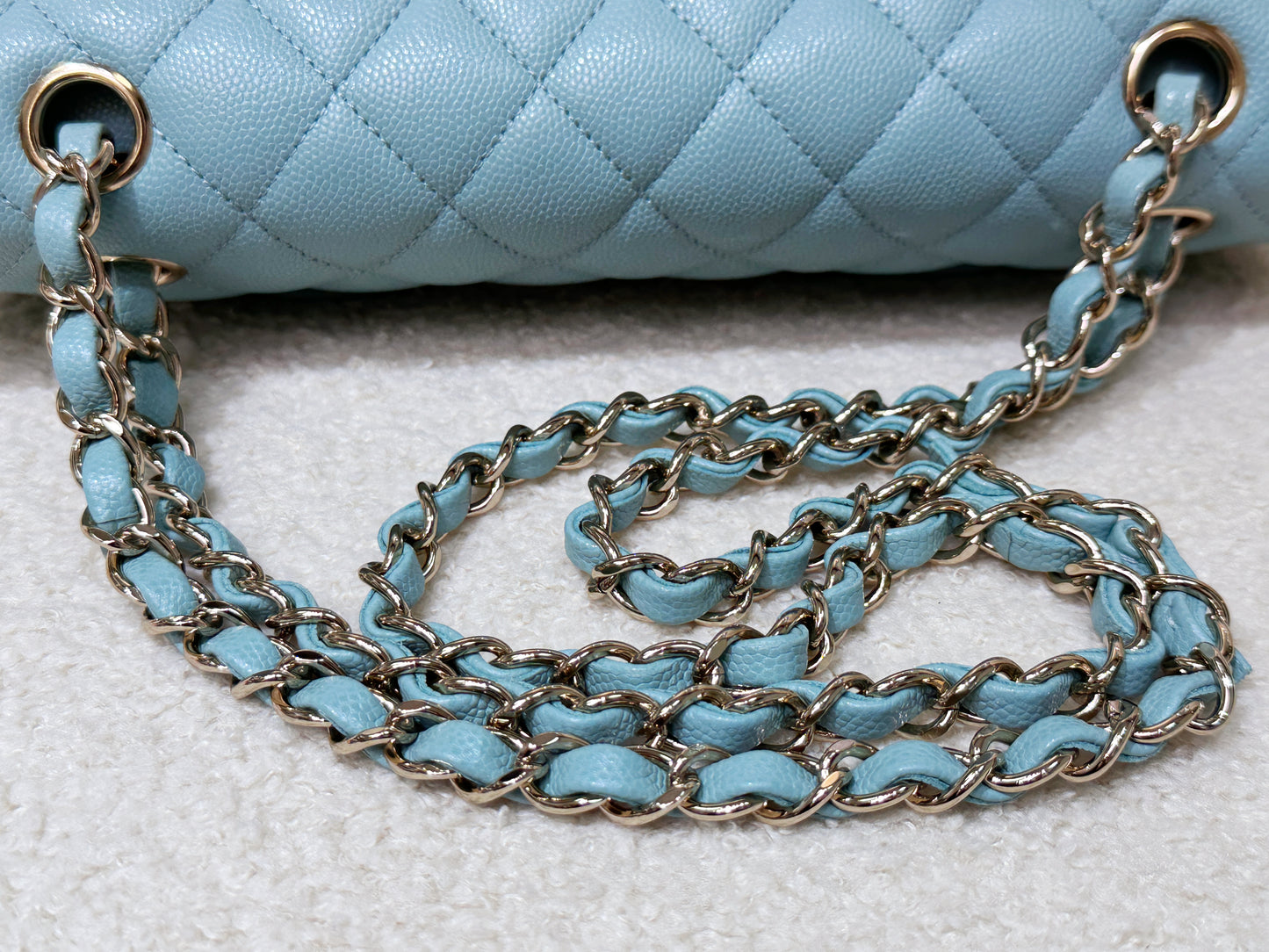 Chanel Classic Flap Medium 20C Tiffany Blue Caviar Light Gold Hardware 294 holo card