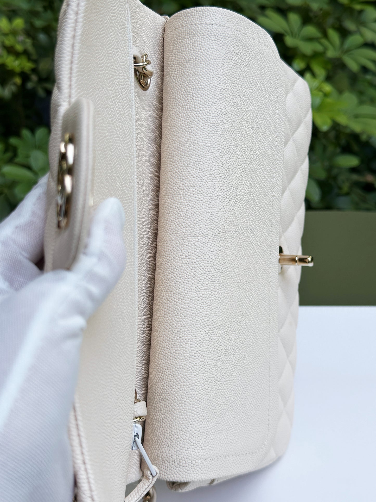 Chanel Medium Caviar Classic Quilted Double Flap Ivory Light Beige Bag LGHW