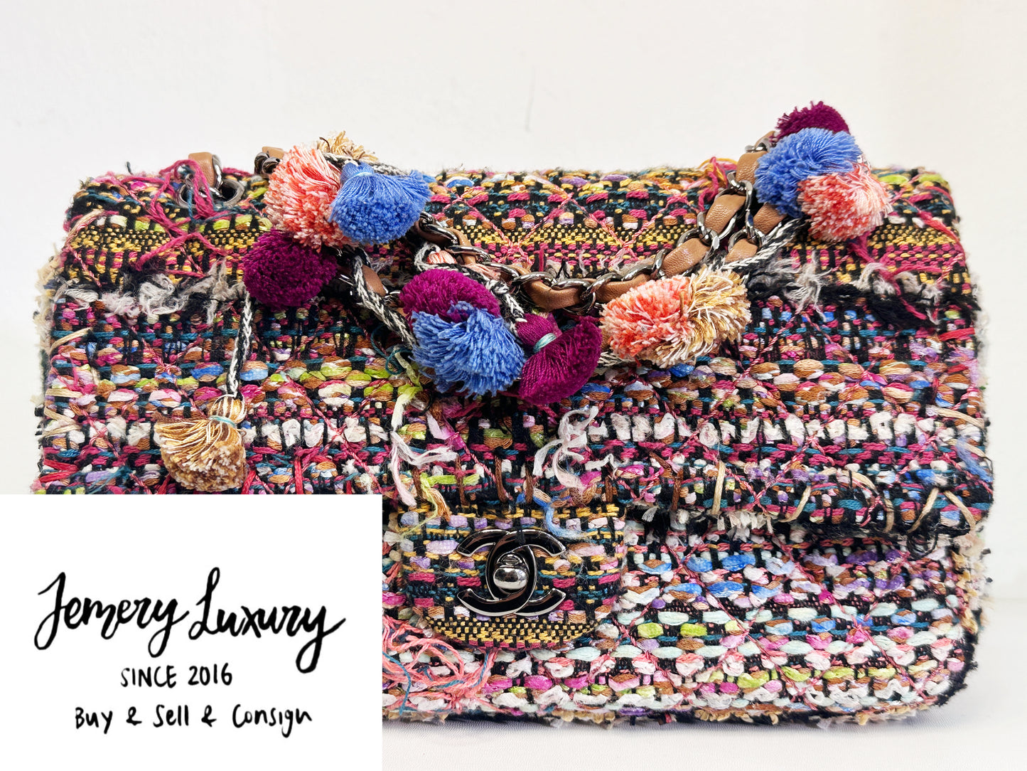 Chanel Pom Pom CC Quilted Tweed Medium Flap Bag