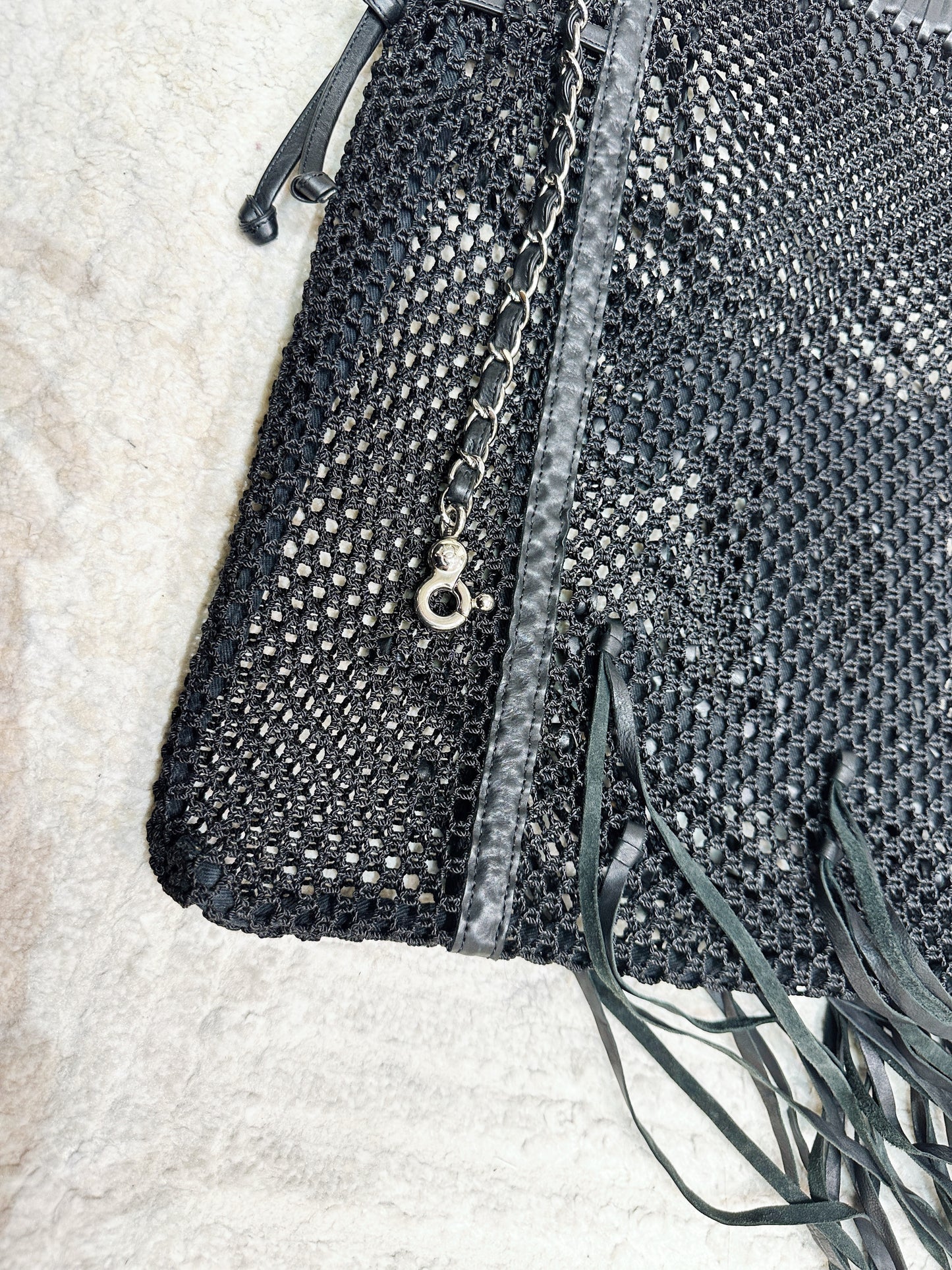Chanel Limited Edition Resort 2011 Black Fringe Mesh Tote Bag 1373 holo card