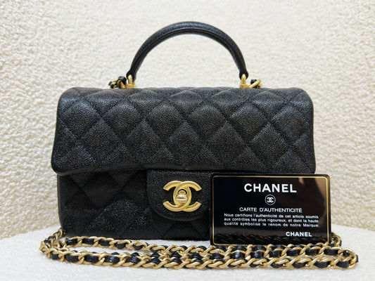 Chanel Mini Rectangular Top Handle Flap Bag Black Caviar GHW 3126 holo card