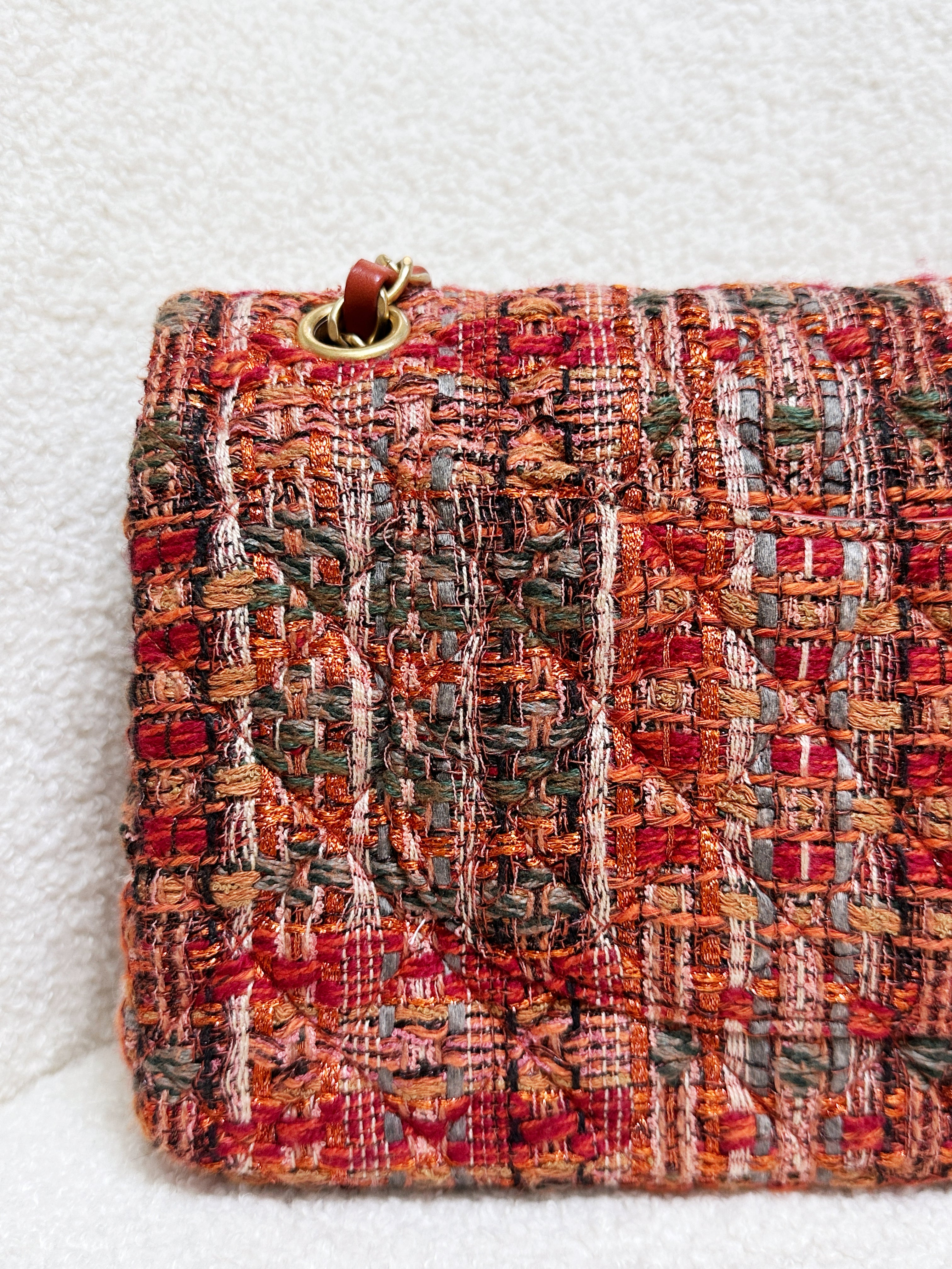 Chanel Tweed Quilted Medium Double Flap Bag Orange Multicolor K9J2 microchip