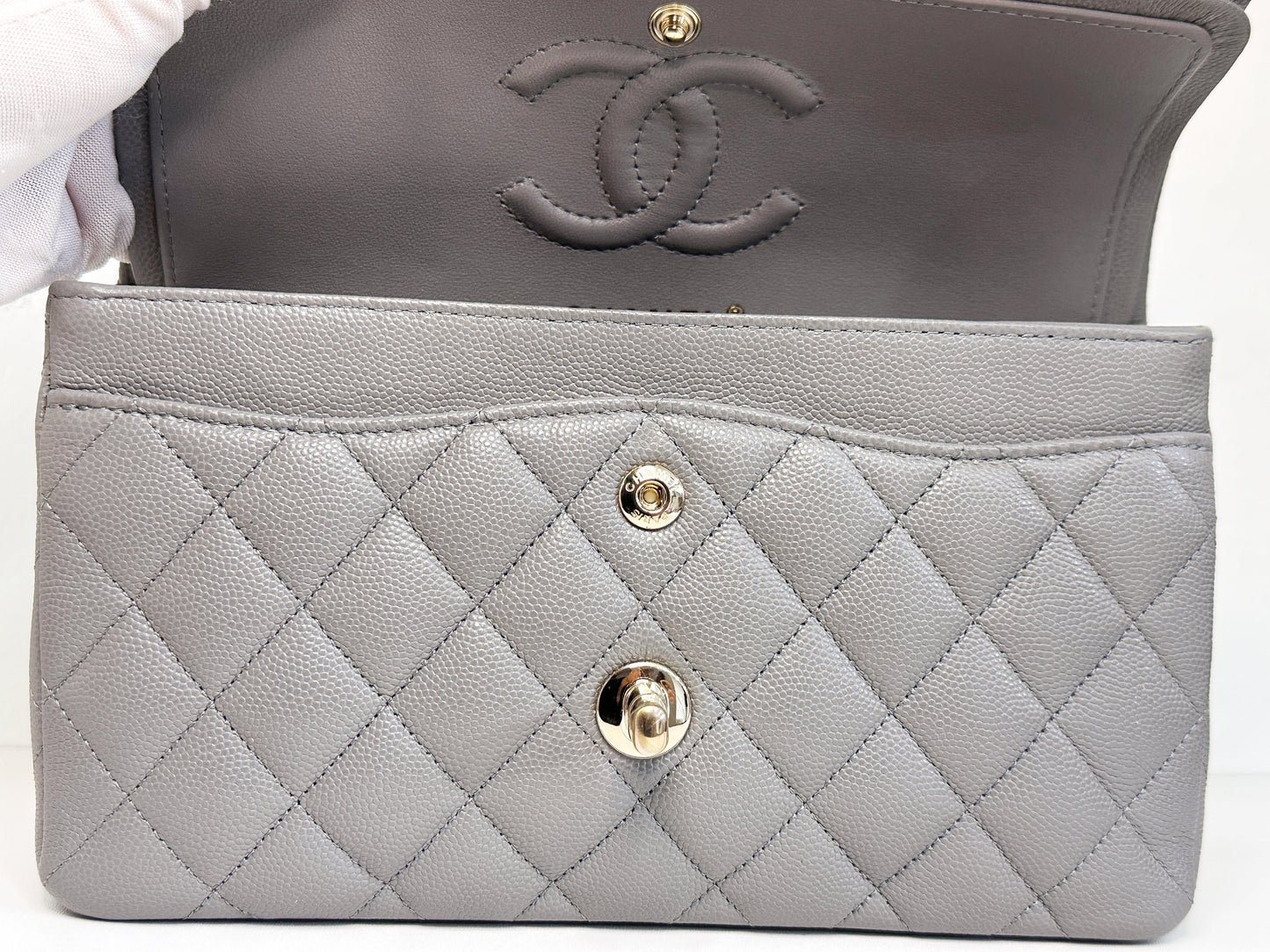 Chanel Small Caviar Quilted Double Flap Bag Grey LGHW EK81 microchip