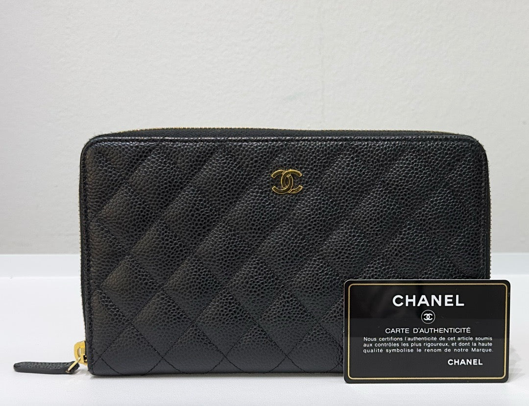 Chanel Quilted Caviar Leather CC Long Wallet Black GHW