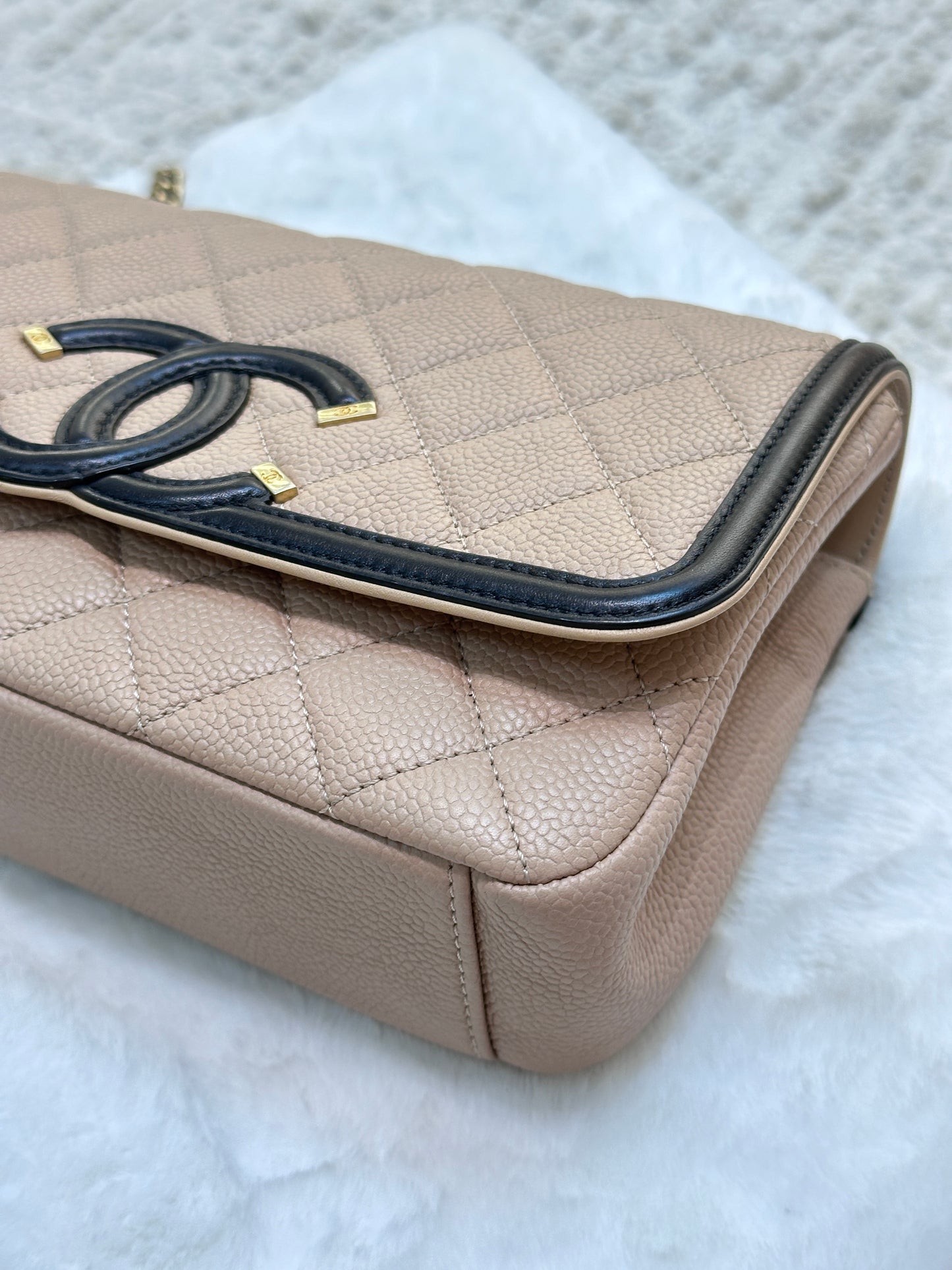 Chanel Small Caviar Quilted CC Filigree Flap Beige Black