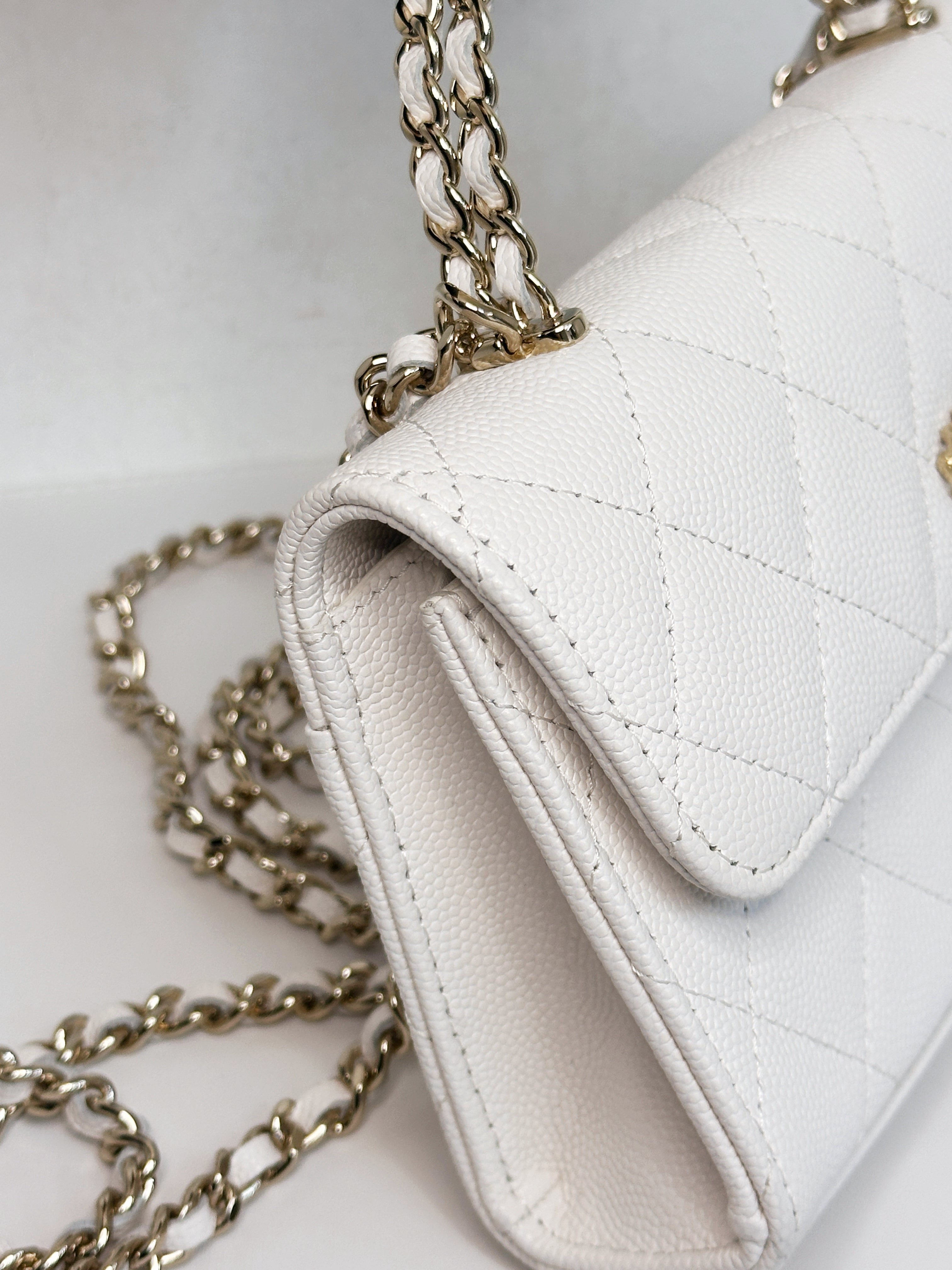 Chanel 23P Top Handle Kelly Clutch with Chain in White Caviar GHW