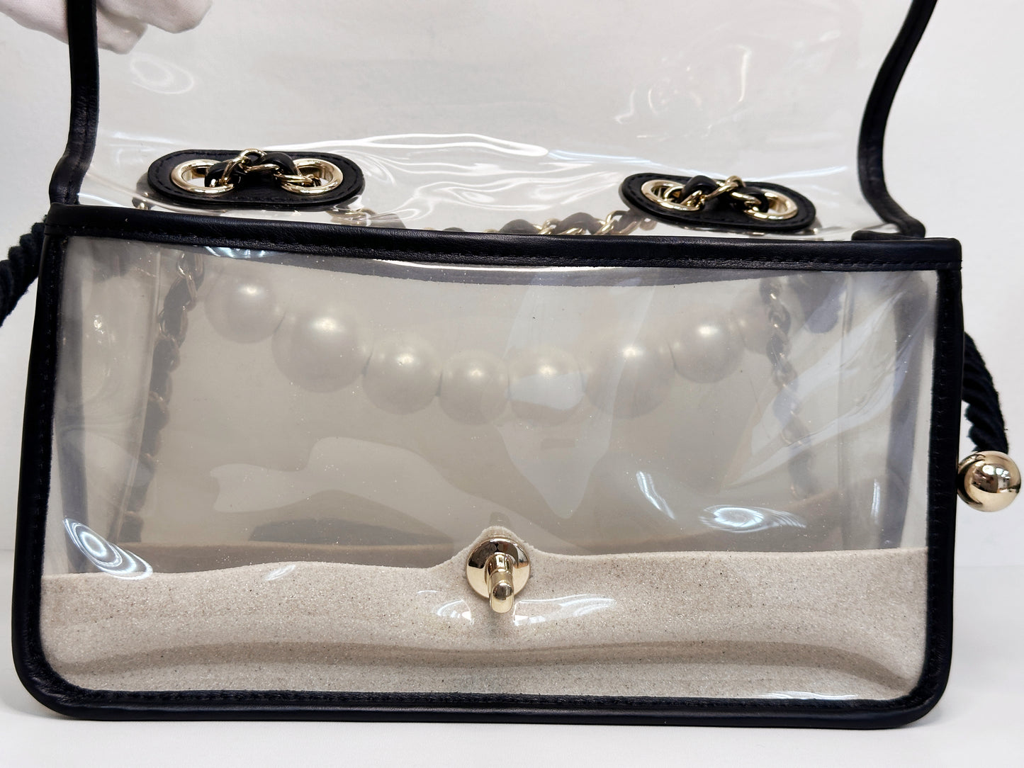 Chanel Medium Lambskin CoCo Sand PVC Sand By The Sea Flap With Pearl Strap Black 274 holo card