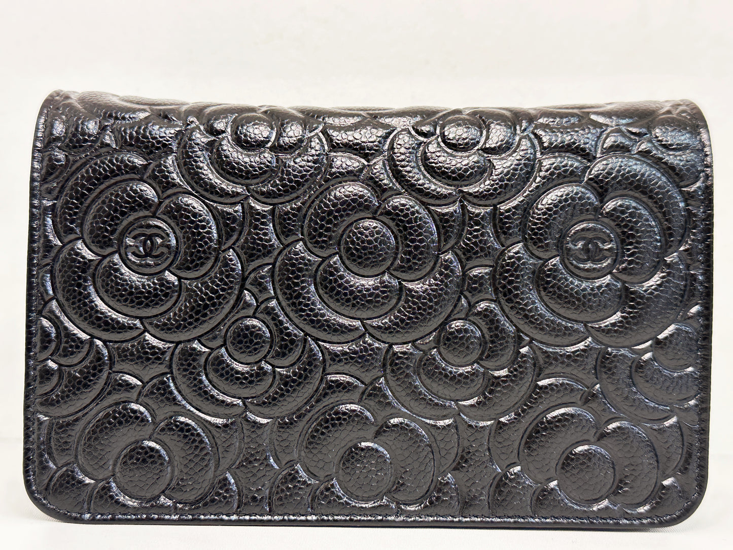Chanel Black Caviar Camellia Embossed Wallet on Chain WOC Crossbody/ Clutch Bag 2951 holo card
