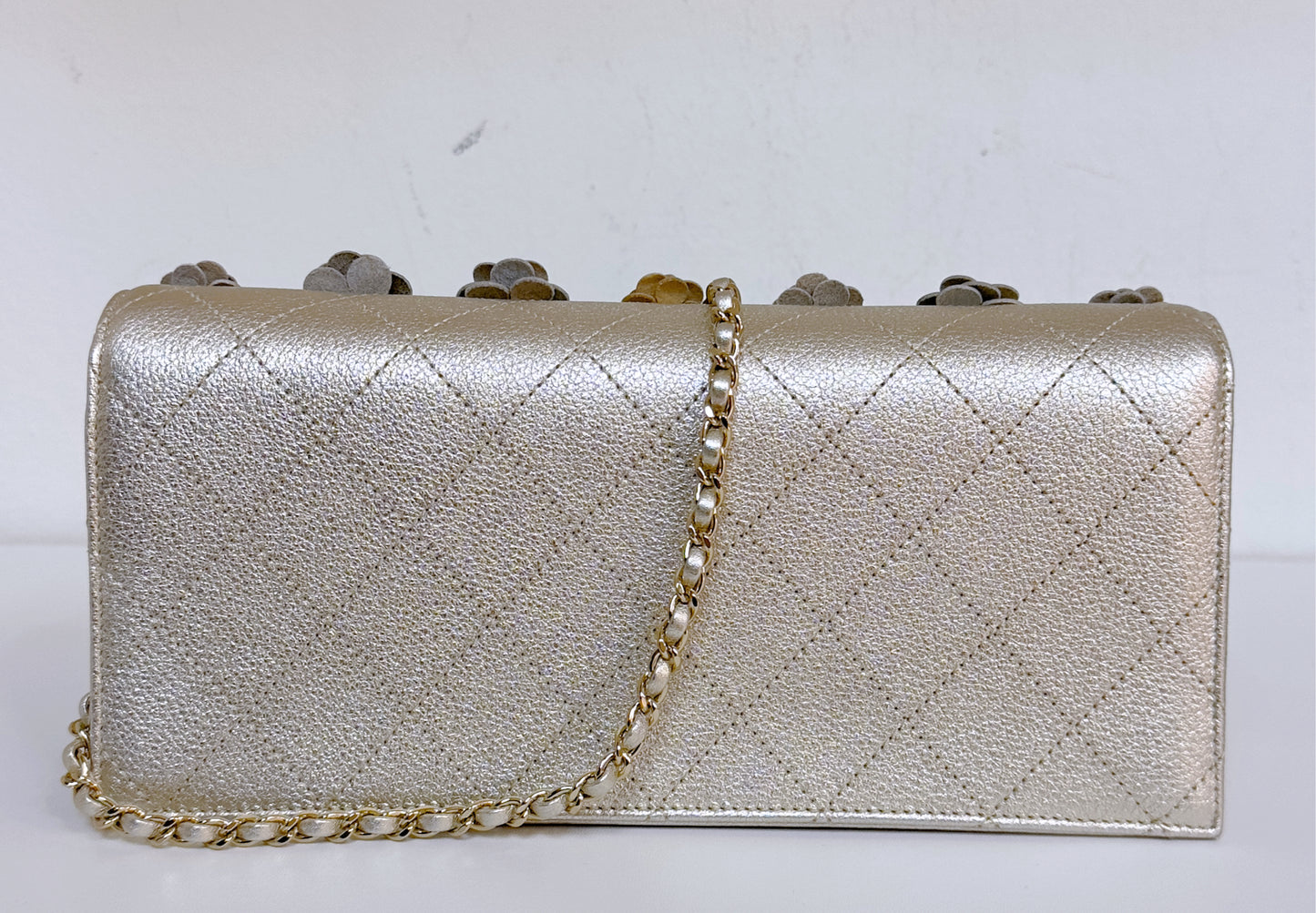 Gold Camellia Embellished Chain Clutch GHW 2728 holo card