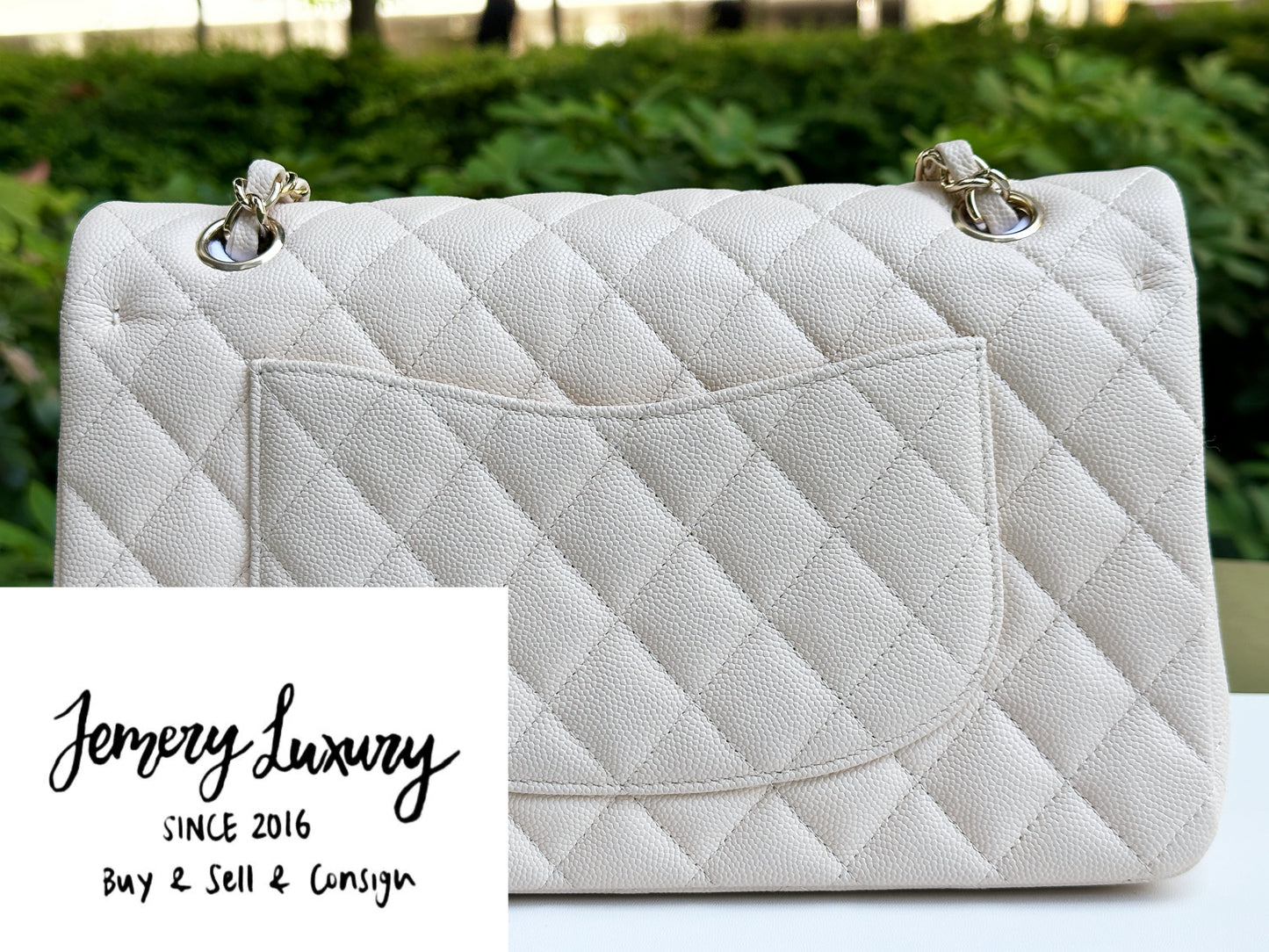 Chanel Medium Caviar Classic Quilted Double Flap Ivory Light Beige Bag LGHW