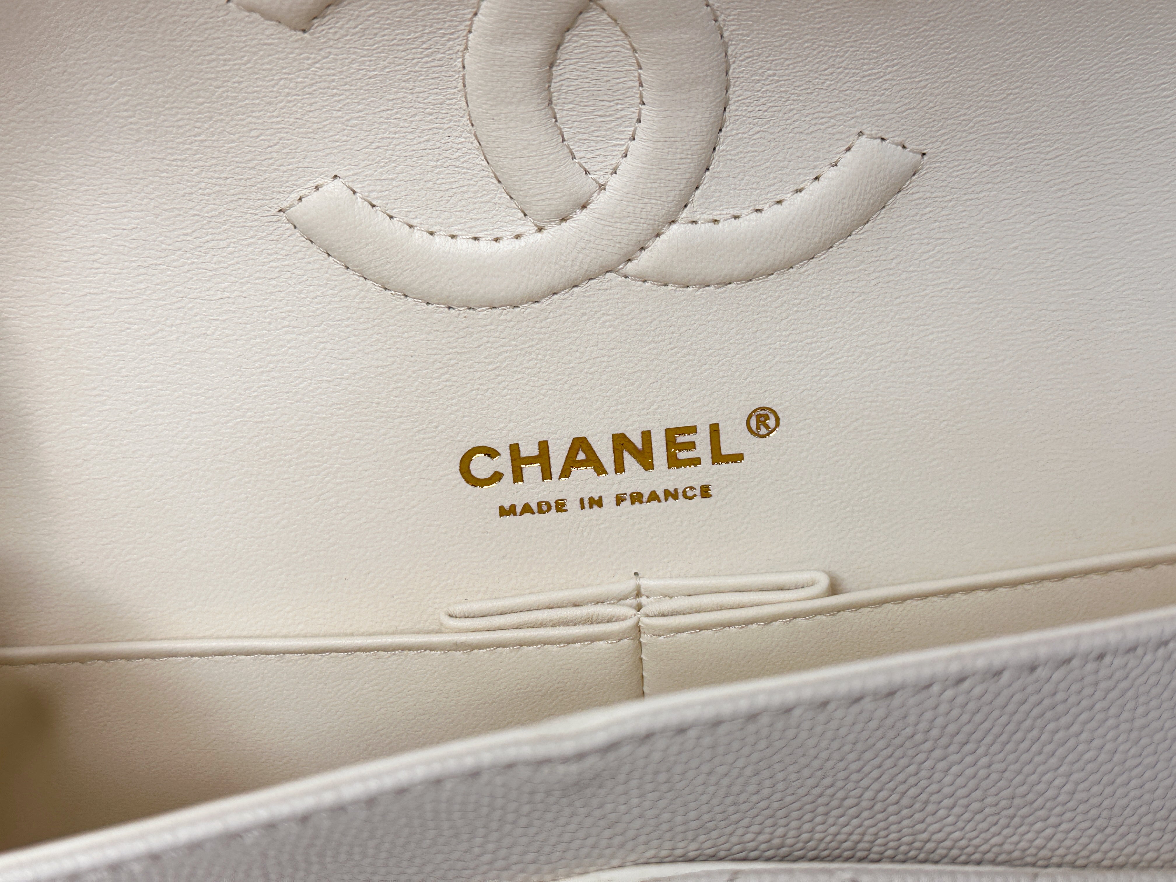 Chanel Medium Caviar Classic Quilted Double Flap White Light Beige Bag LGHW L45J microchip