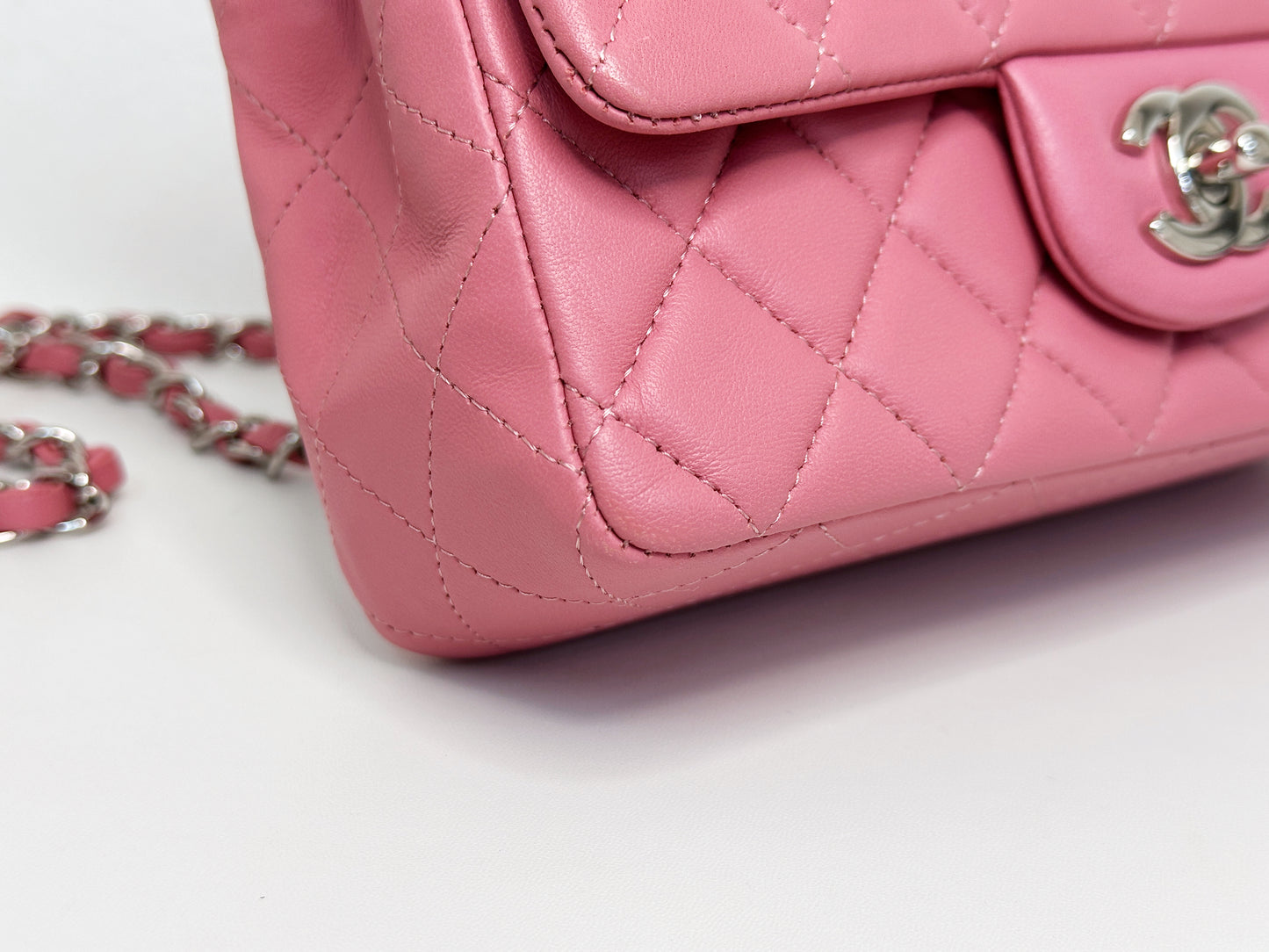 CHANEL Pink Lambskin Quilted Mini Rectangular Flap Bag Pink