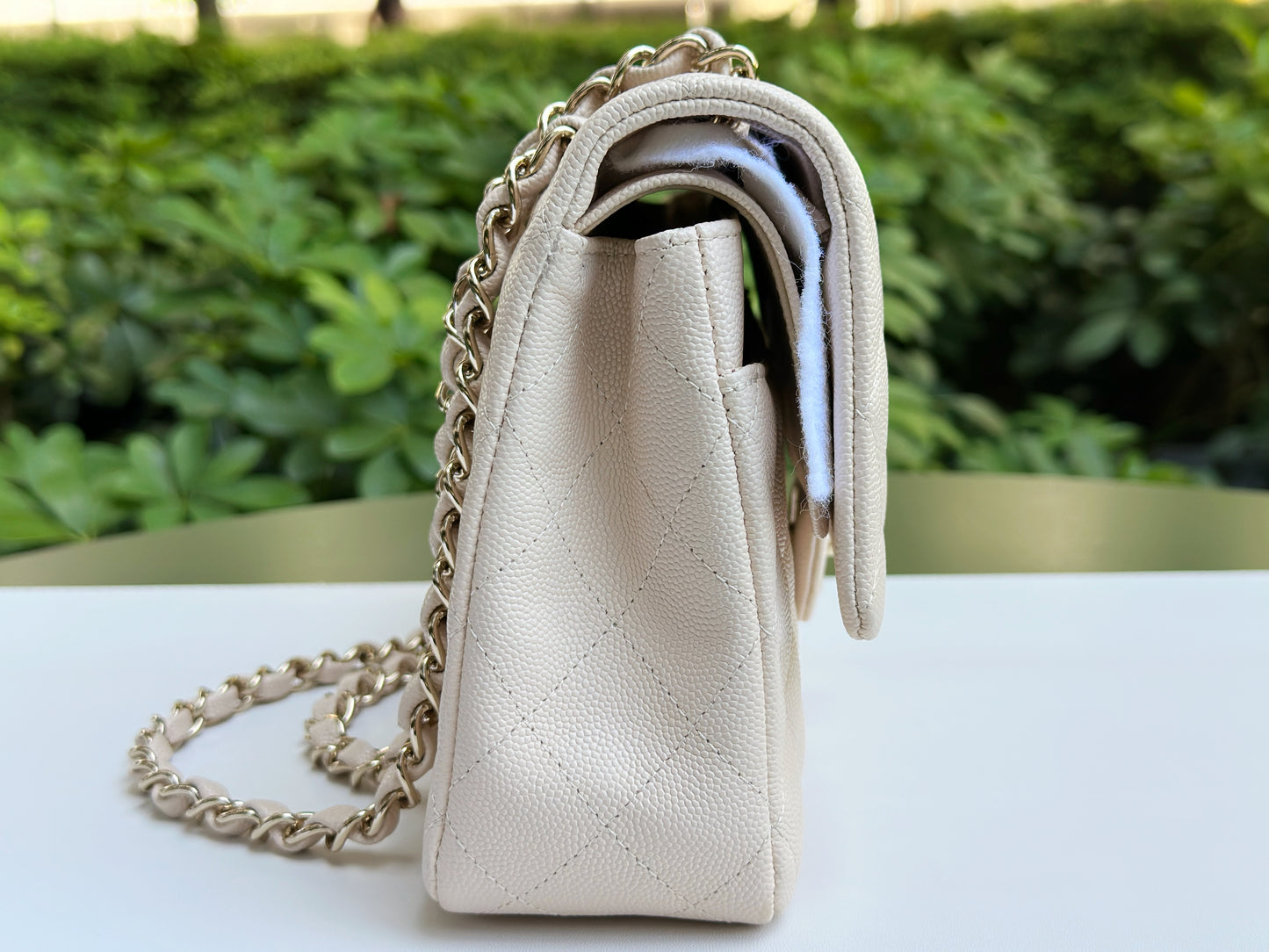 Chanel Medium Caviar Classic Quilted Double Flap Ivory Light Beige Bag LGHW