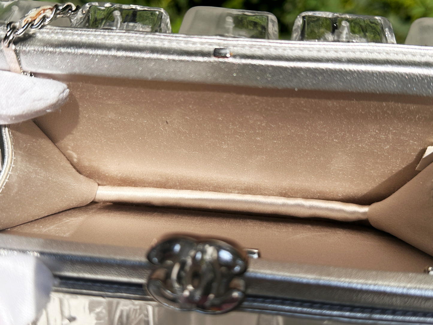 Chanel Silver Metallic Lambskin and Clear Acrylic Ice Cube Bag Silver Hardware 1426 holo card